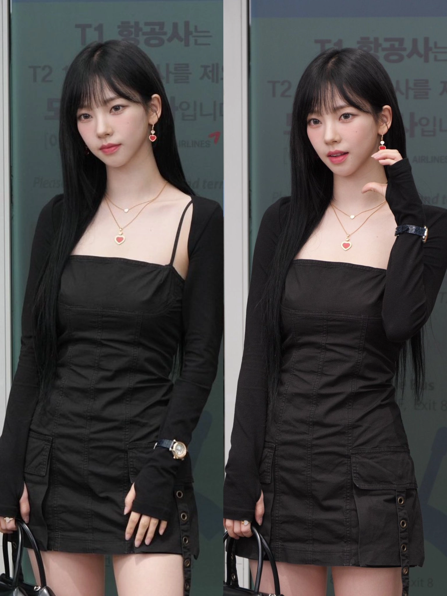 穿着黑色裙子和金色项链的女人。