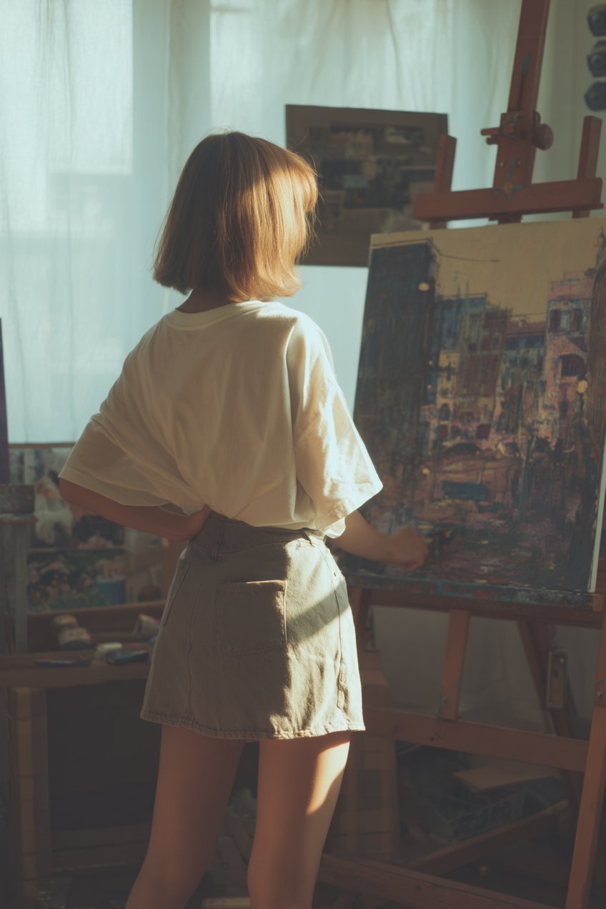 一位穿着白色衬衫和哈基短裤的女人正在画一幅画。