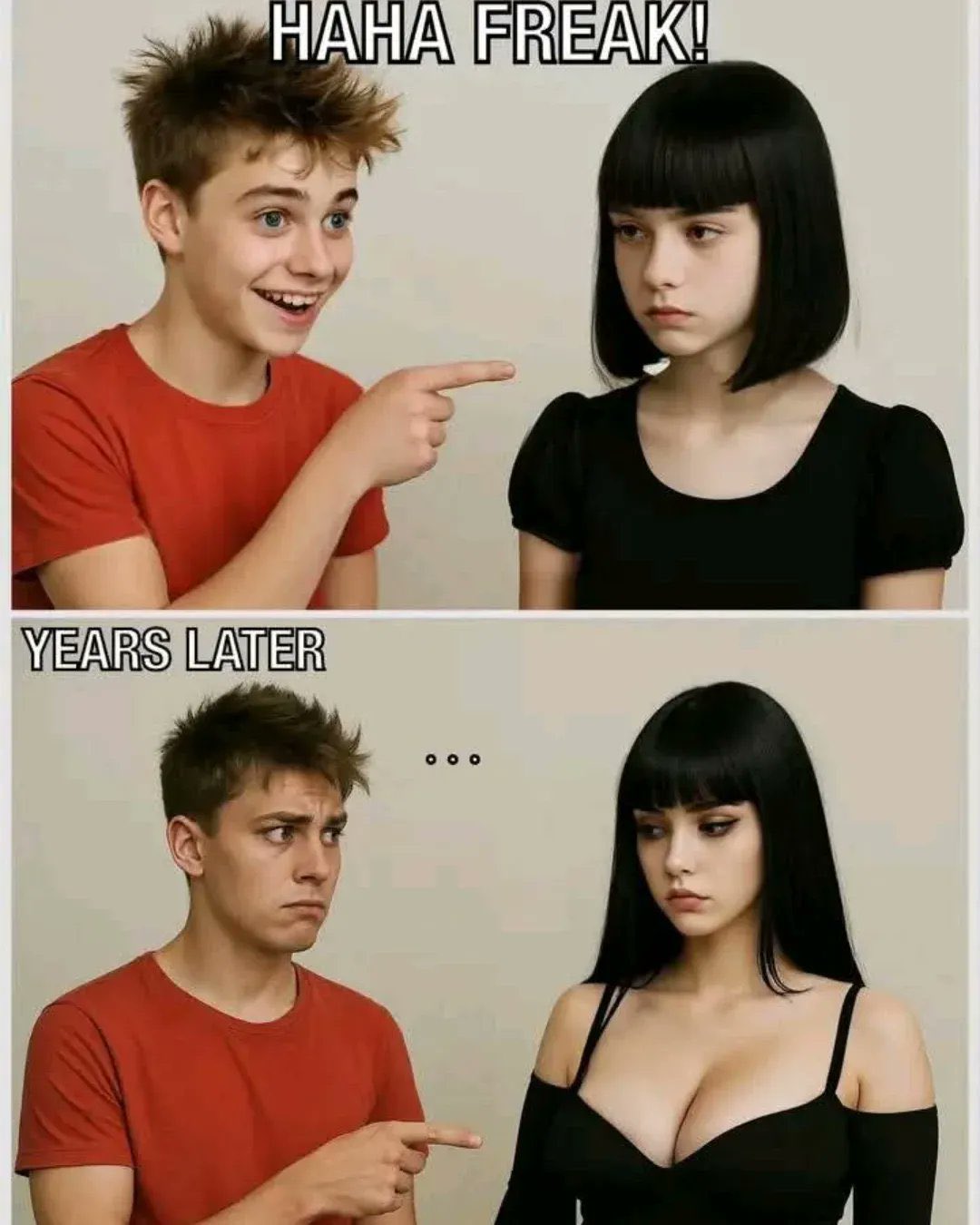 男孩指着一个女孩,上面写着“几年后......”