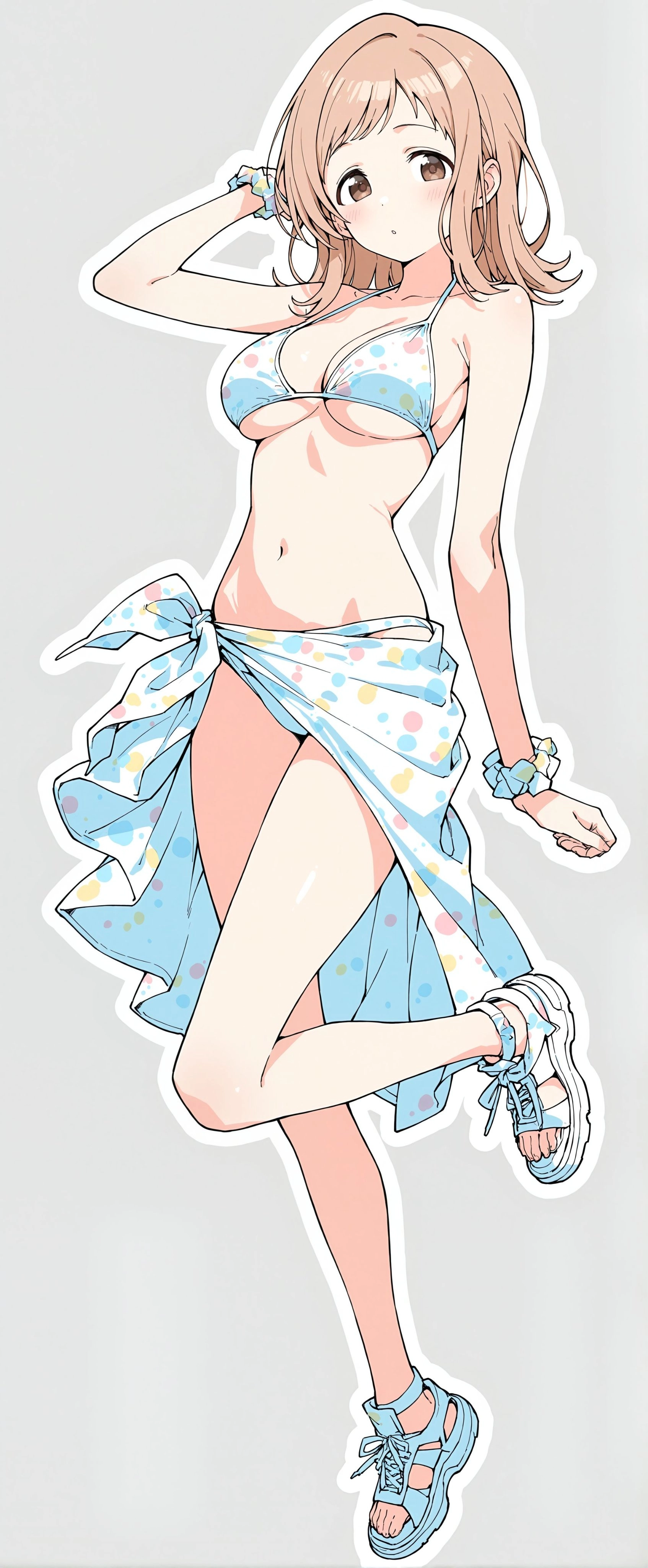 女人穿着蓝色裙子,有波尔卡点。