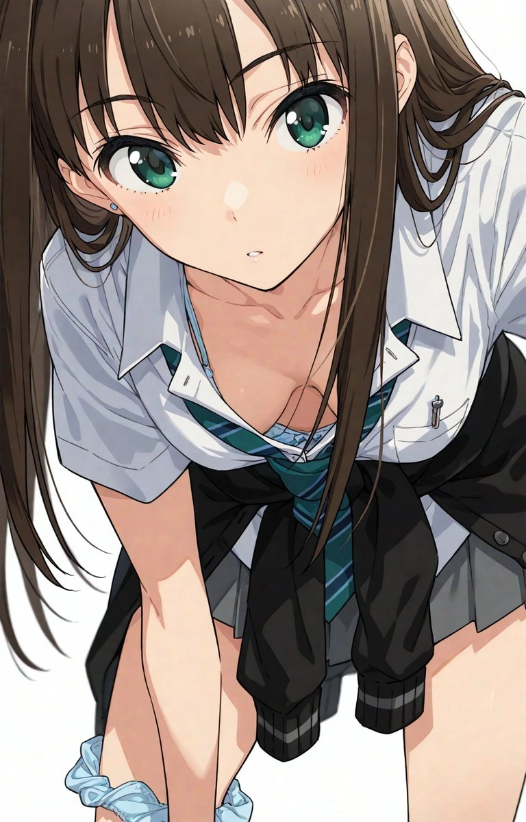 有绿色领带和黑色头发的女孩。