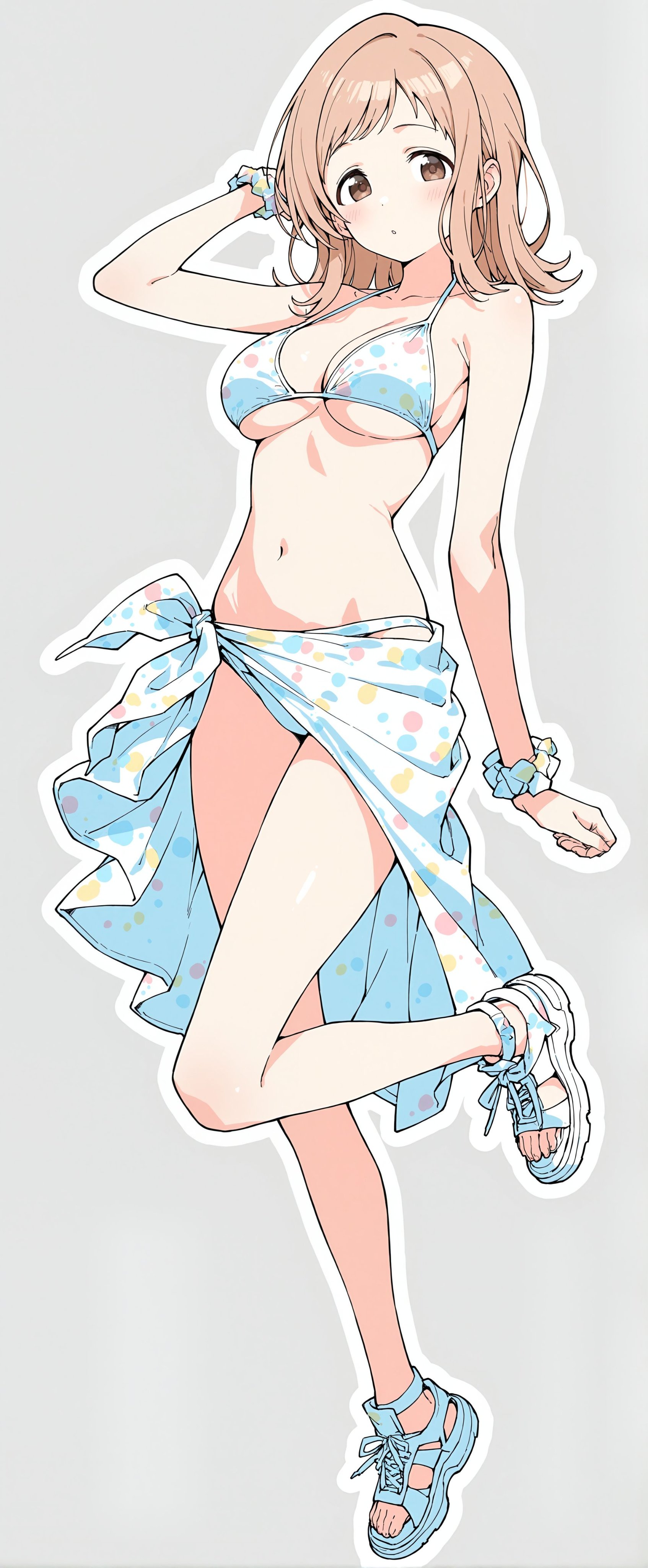 女人穿着蓝色裙子,有波尔卡点。