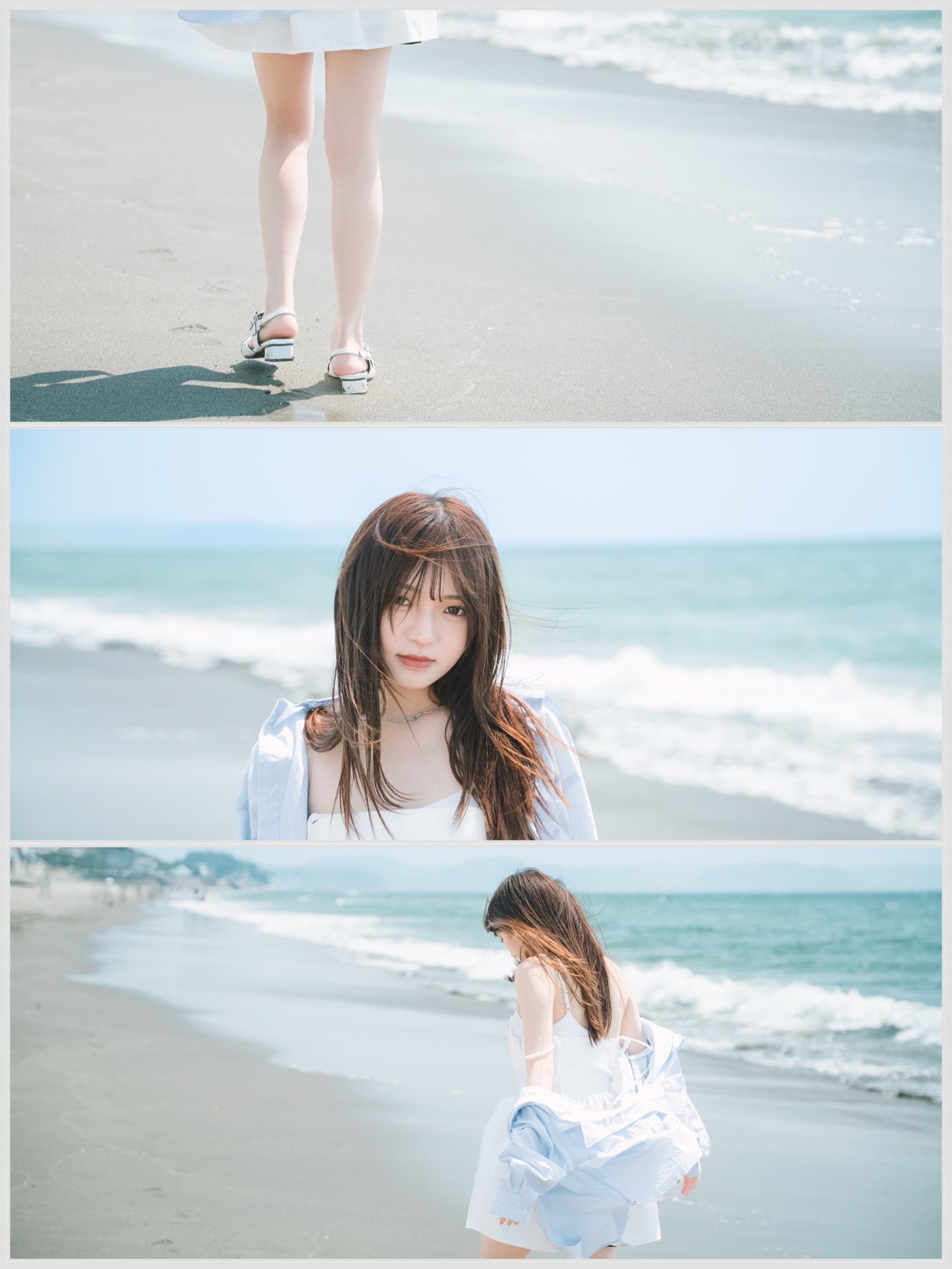 穿白衣的女人在海滩上散步。