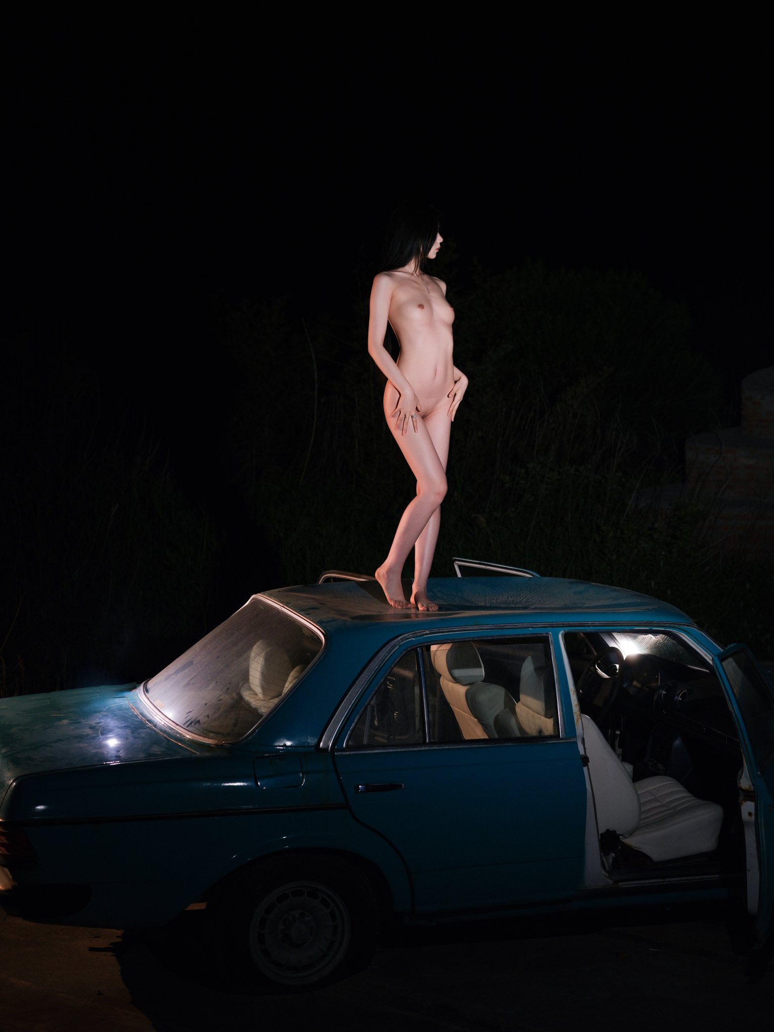 女人站在一辆车的顶部。