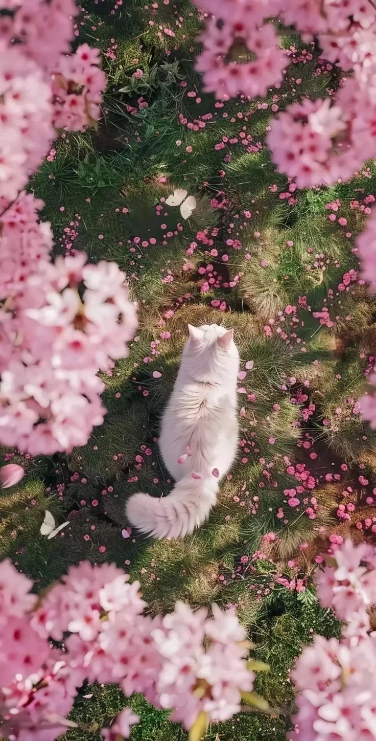 一只白猫坐在一片粉红色的花朵里。