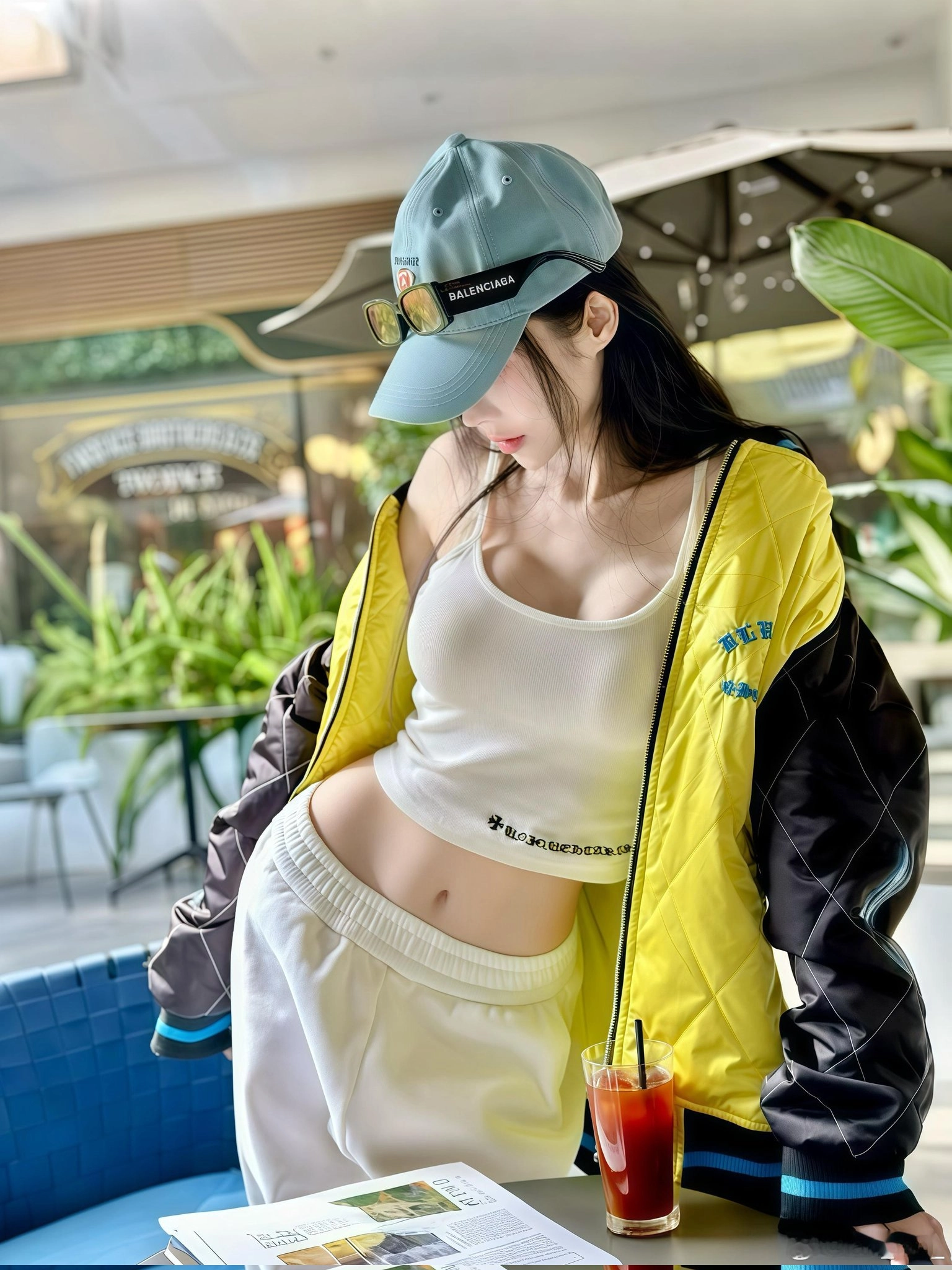 穿着蓝色帽子和白色衬衫的女人为一张照片。