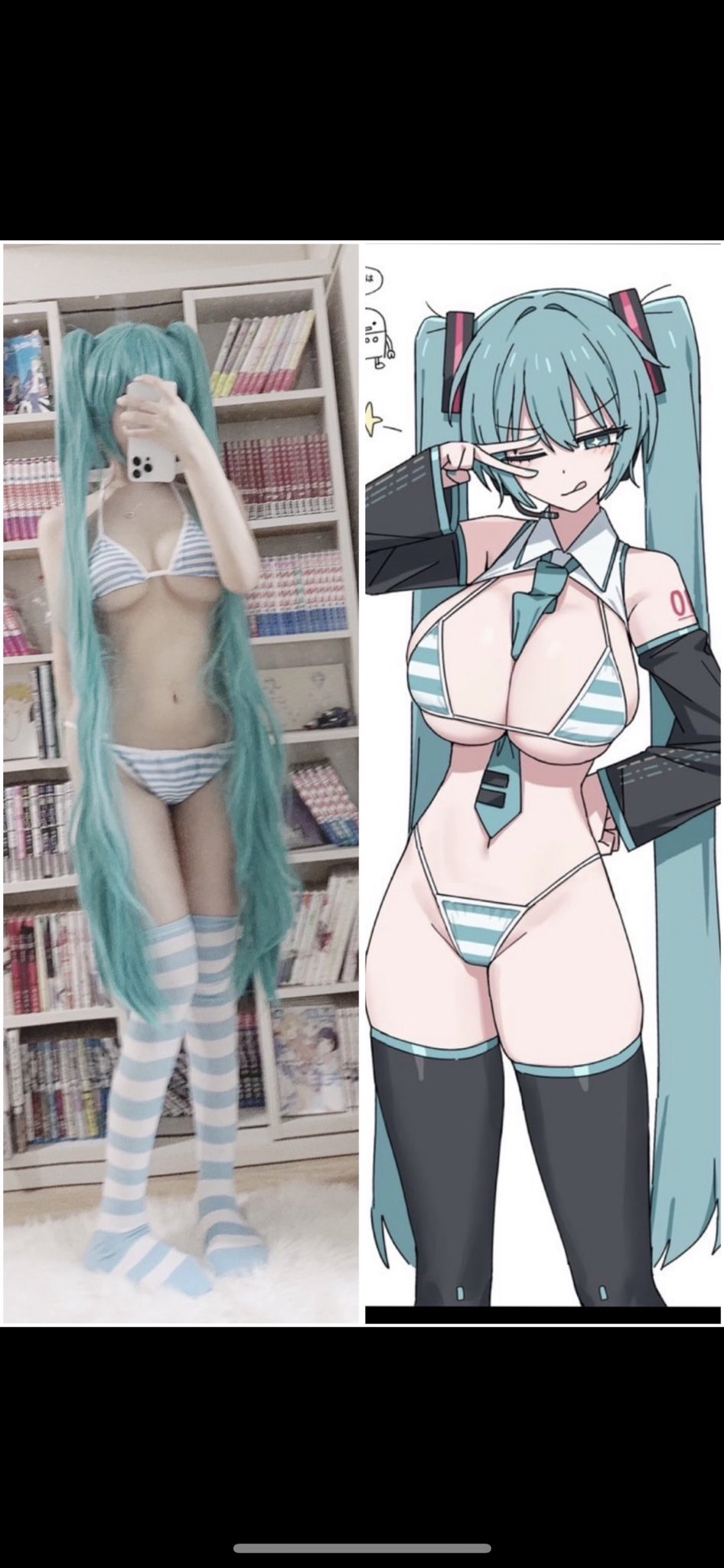 女人在比基尼和一个卡通女人在比基尼的姿势为图片。