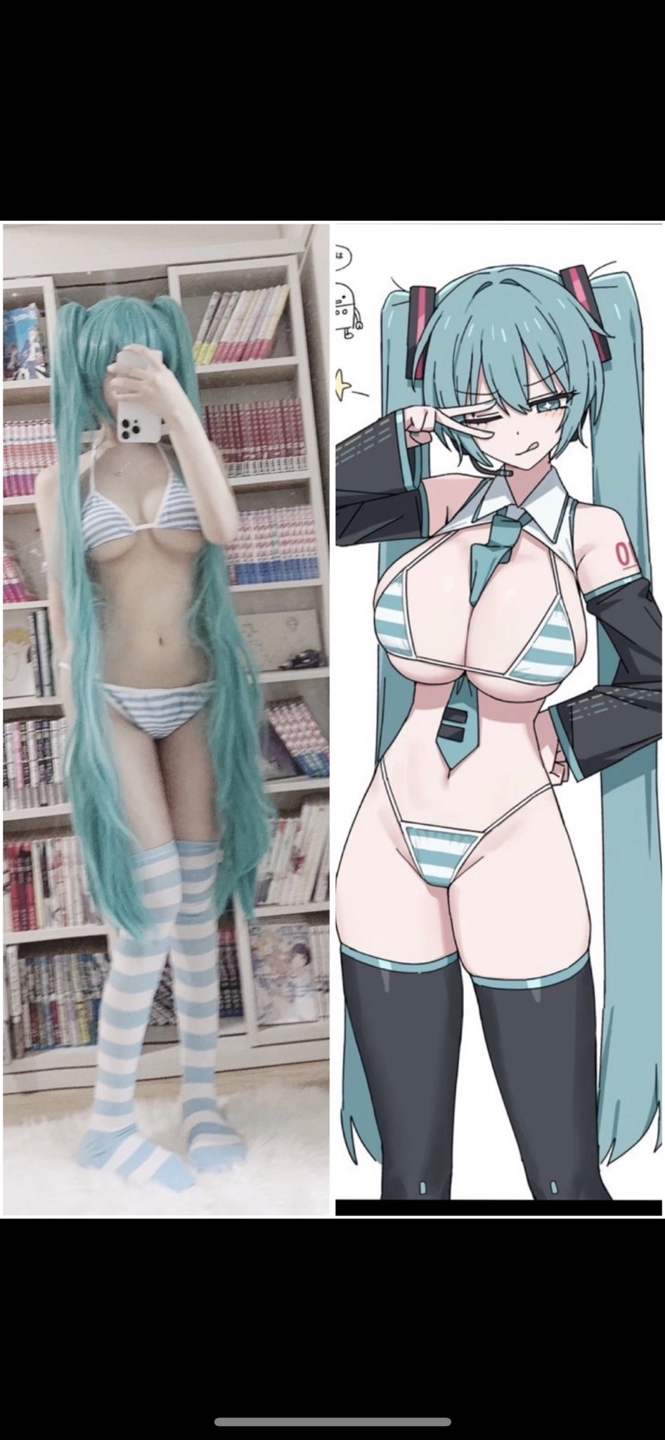 女人在比基尼和一个卡通女人在比基尼的姿势为图片。