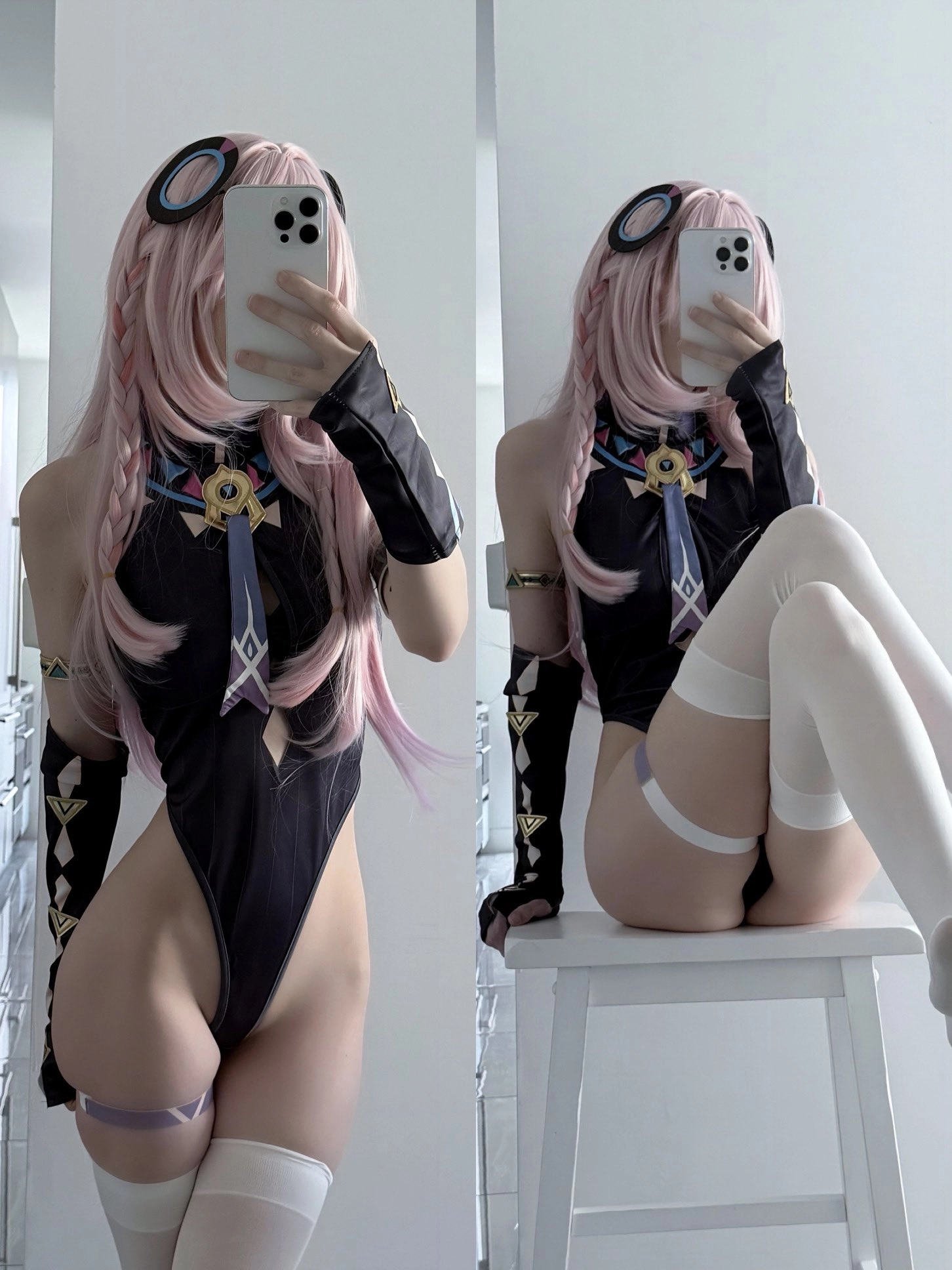 一位穿着黑色和粉红色的女人用手机拍自拍。