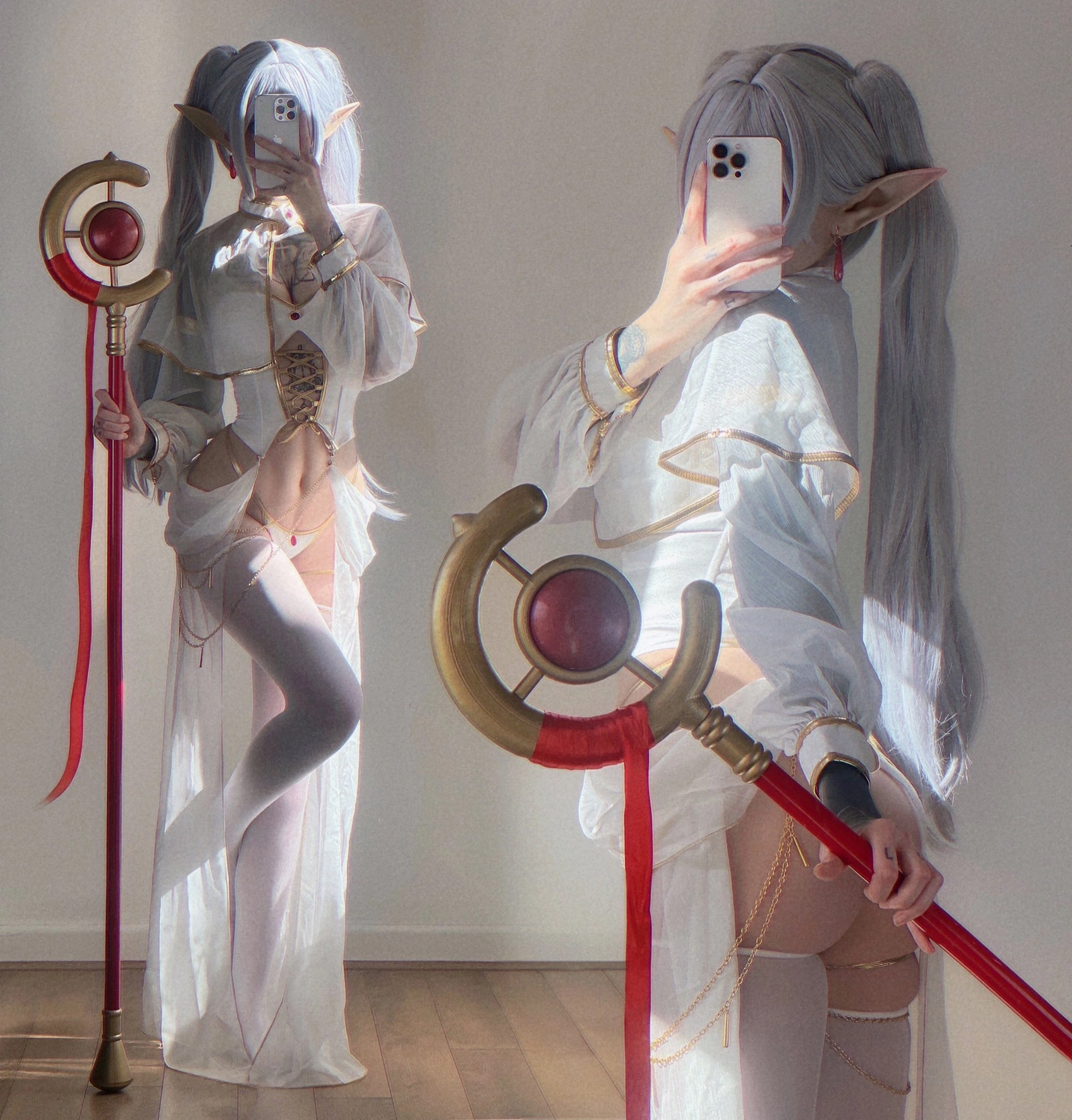 两个女人穿着白色裙子,拿着手机。