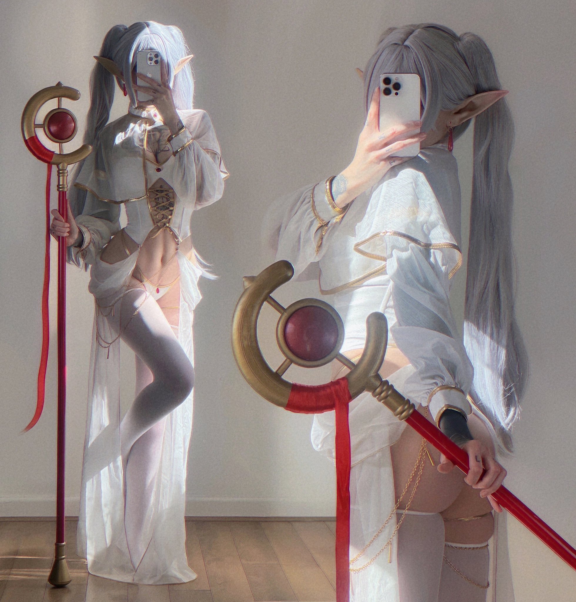 两个女人穿着白色裙子,拿着手机。