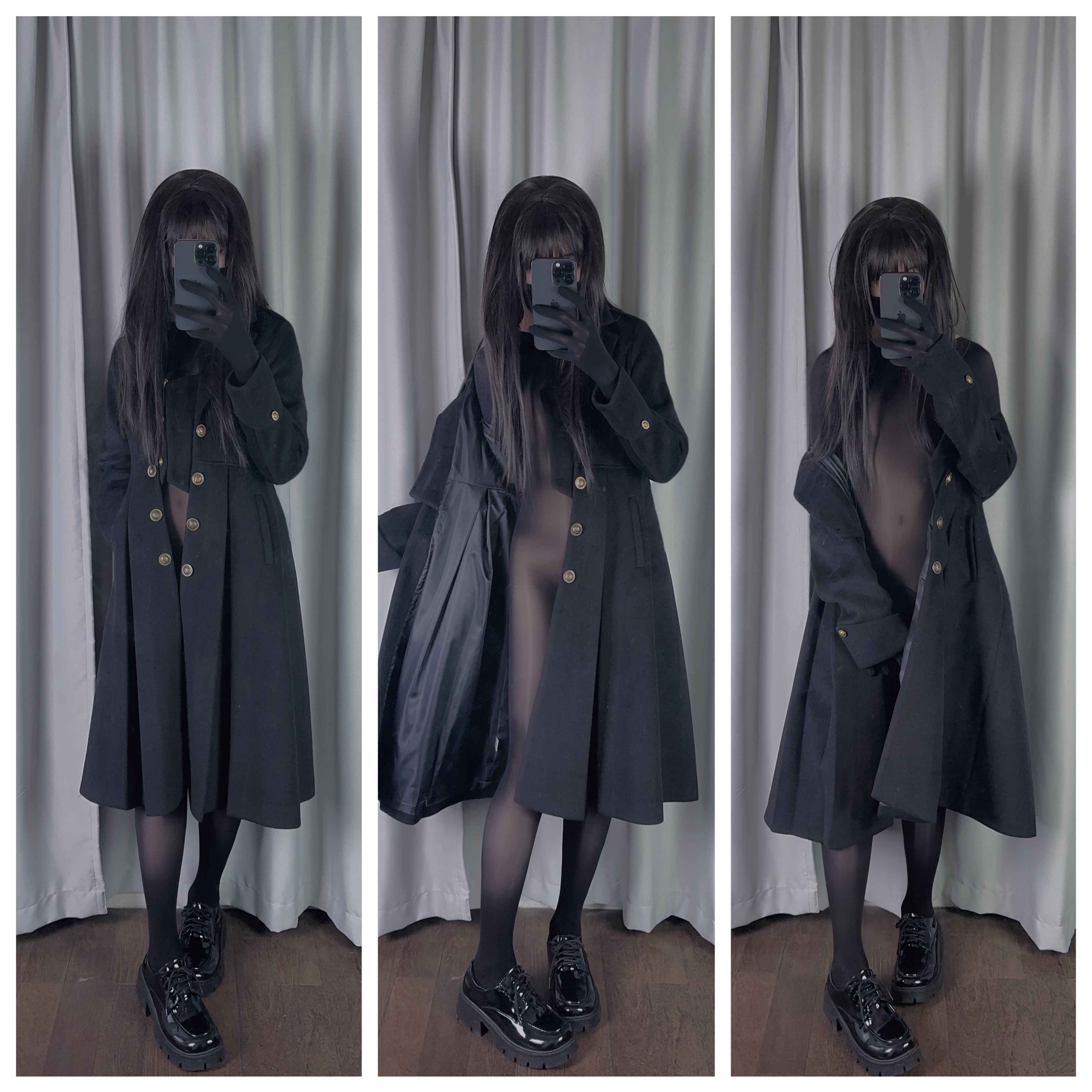 女人用黑色外套拍自拍。