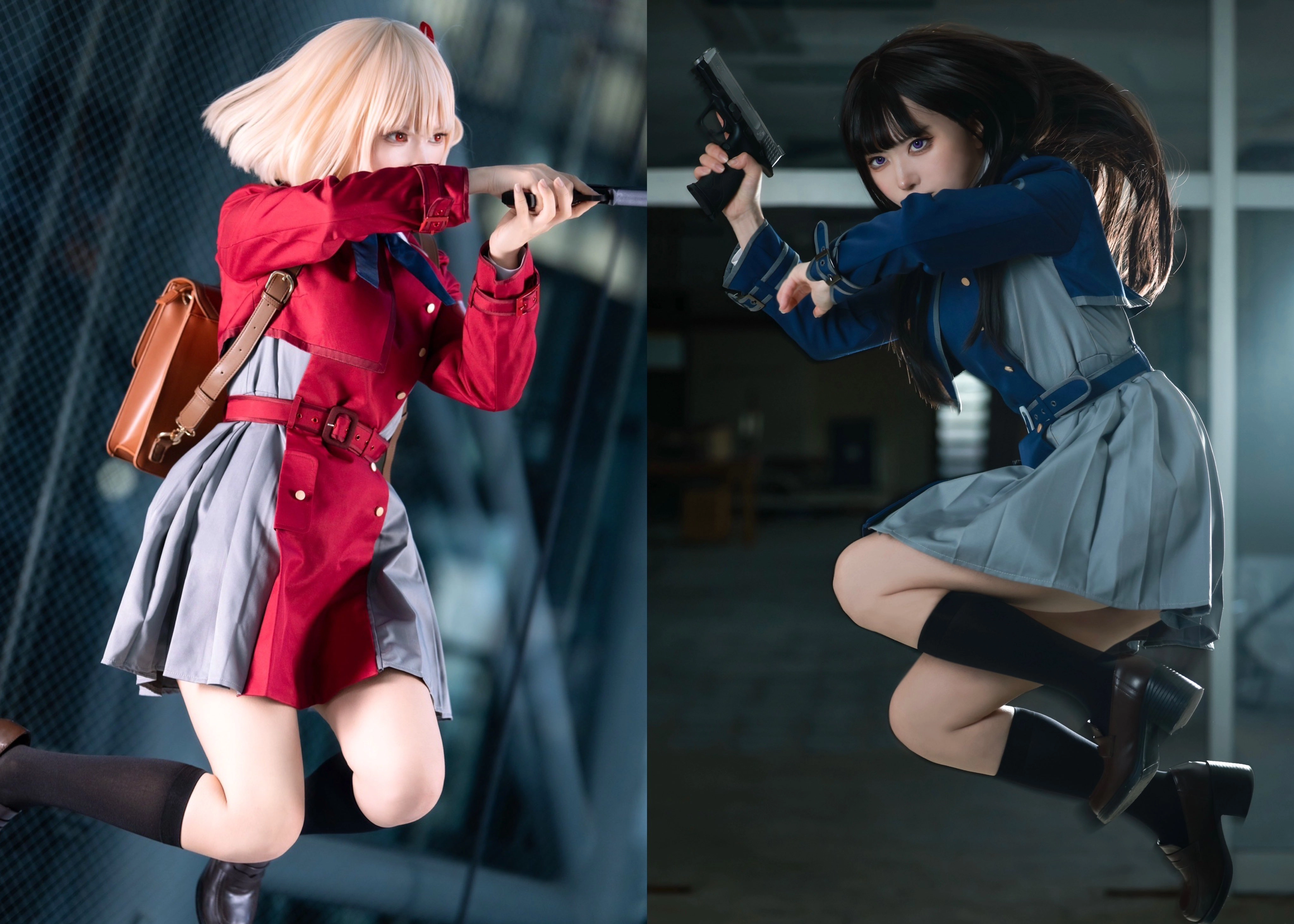 两个穿红色和蓝色裙子的女孩正在玩枪。