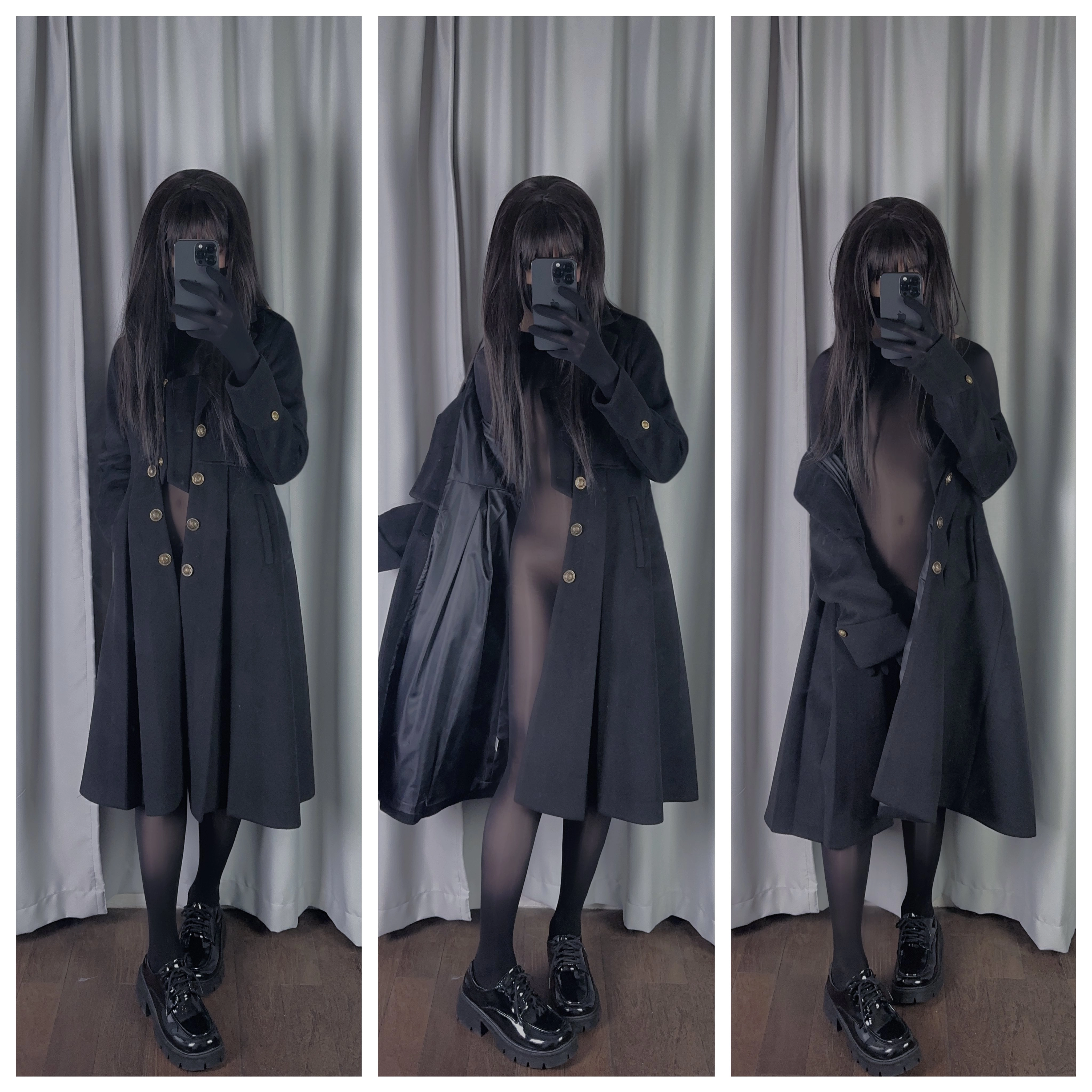 女人用黑色外套拍自拍。