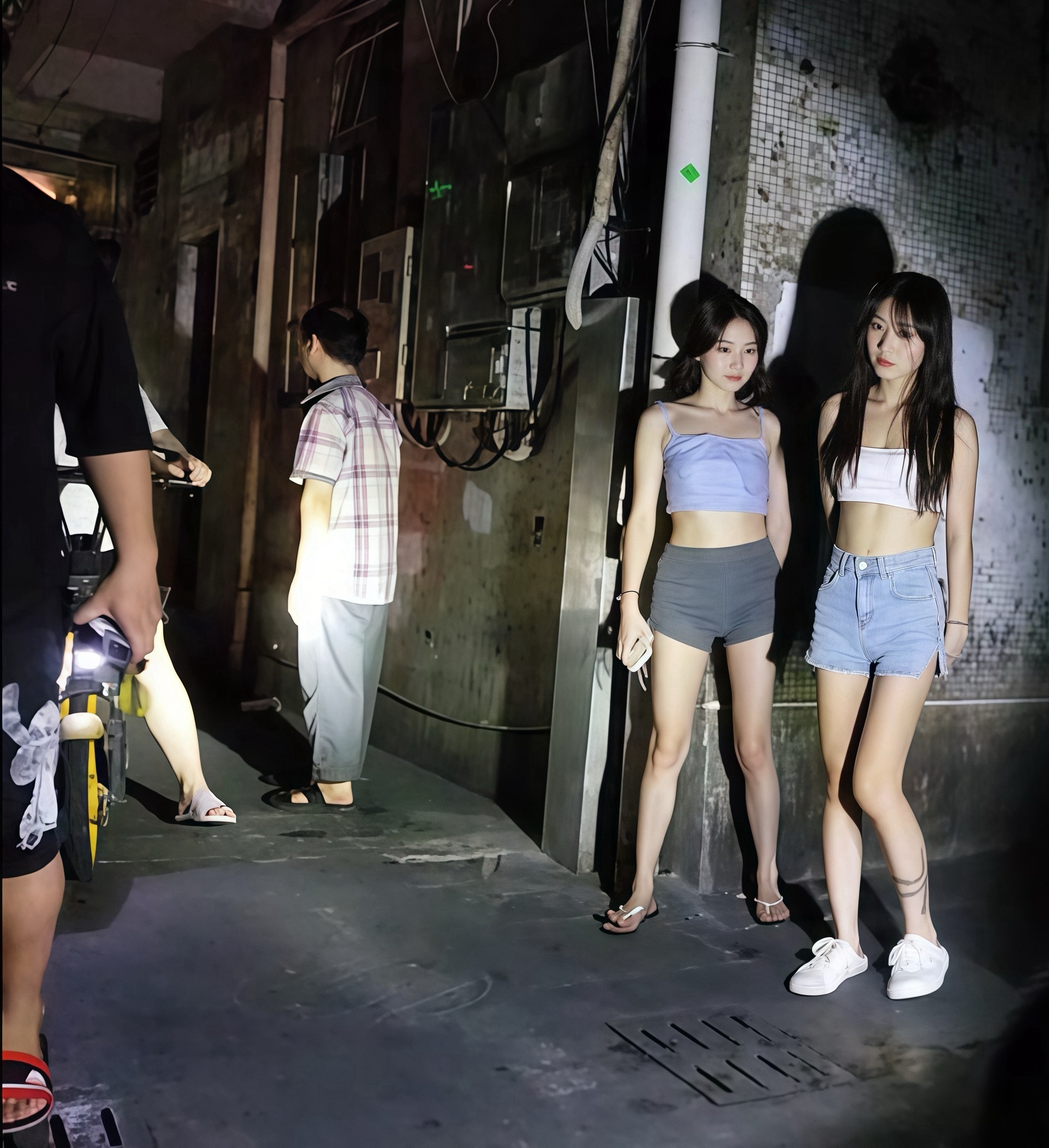 两个女孩站在一条街道上。