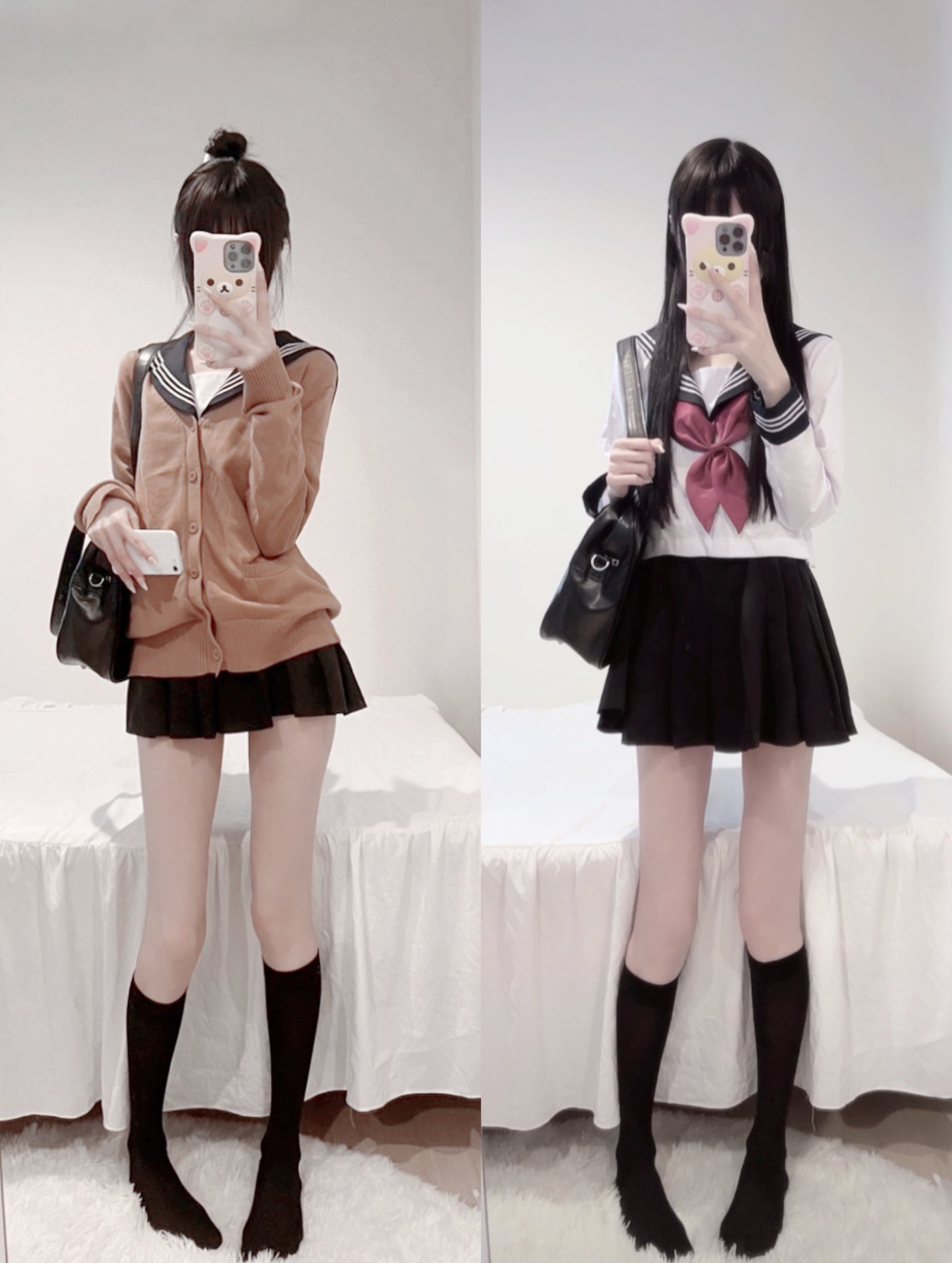 两个女孩用手机拍自拍。