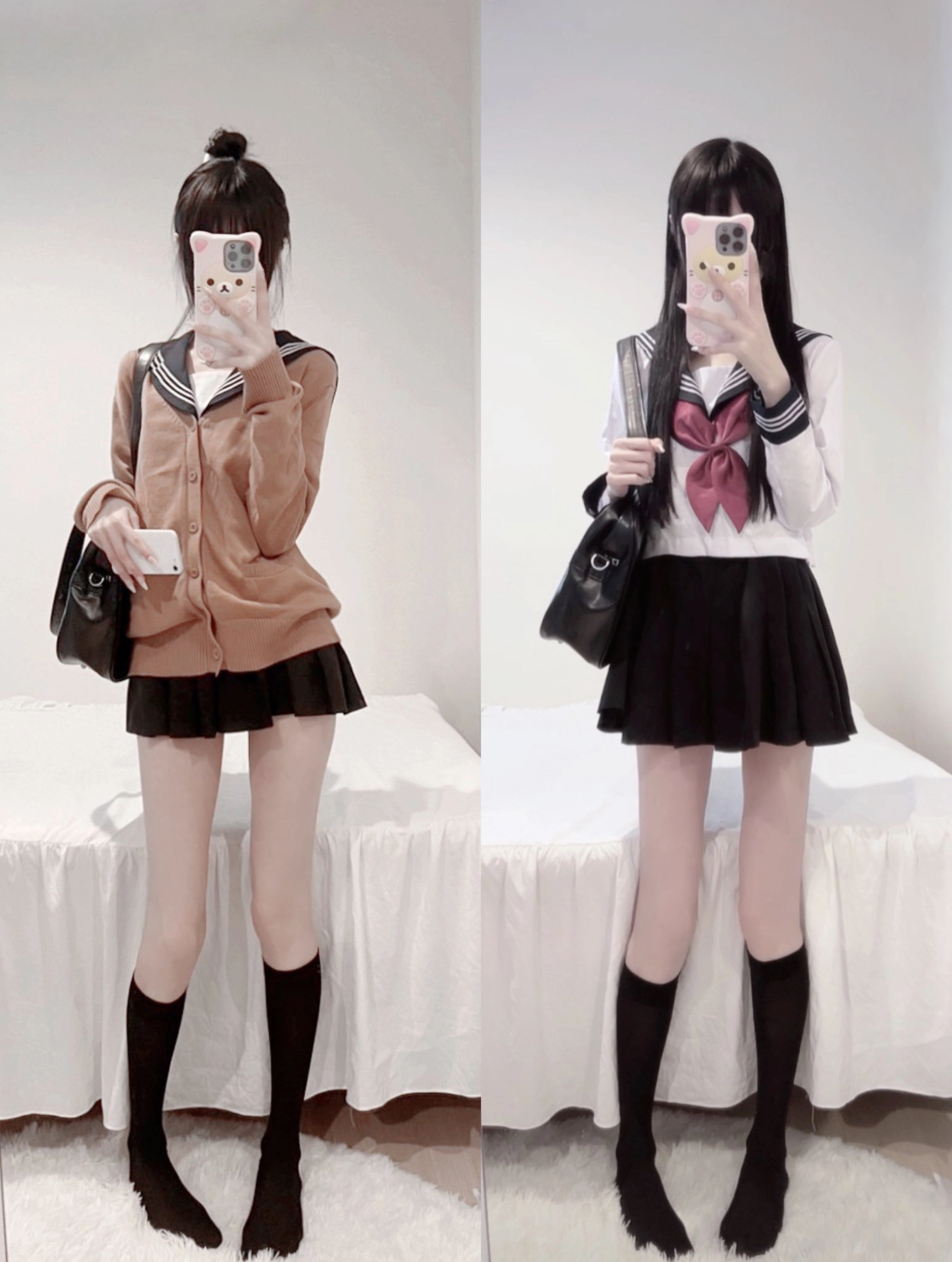 两个女孩用手机拍自拍。