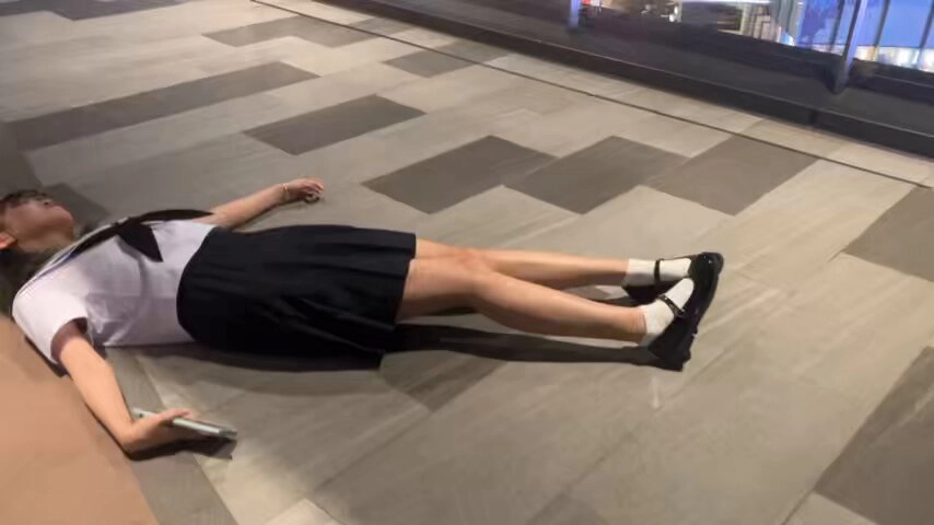 穿着黑色衣服的女人躺在地板上。