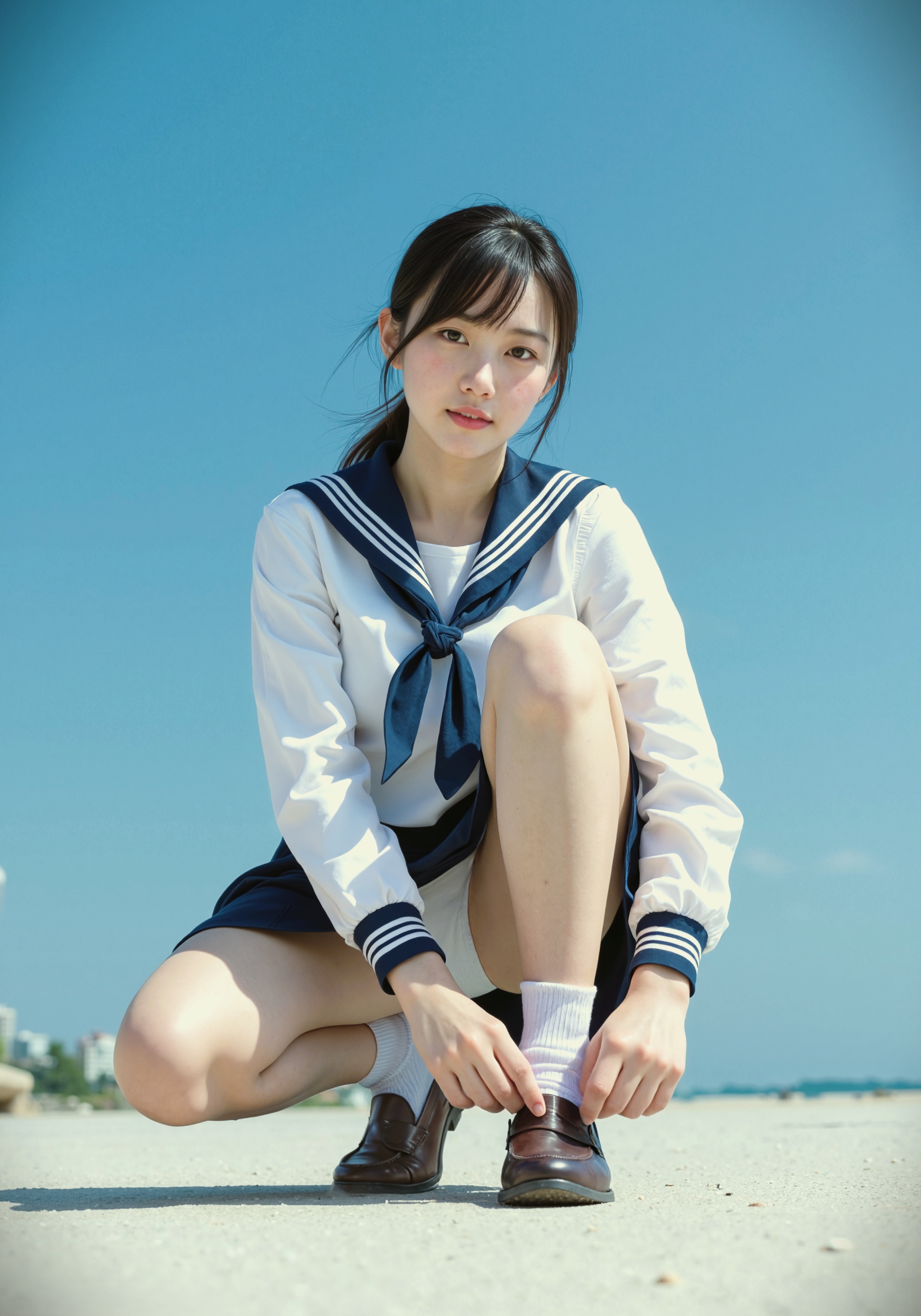 女人穿着蓝色和白色的制服,有蓝色弓。