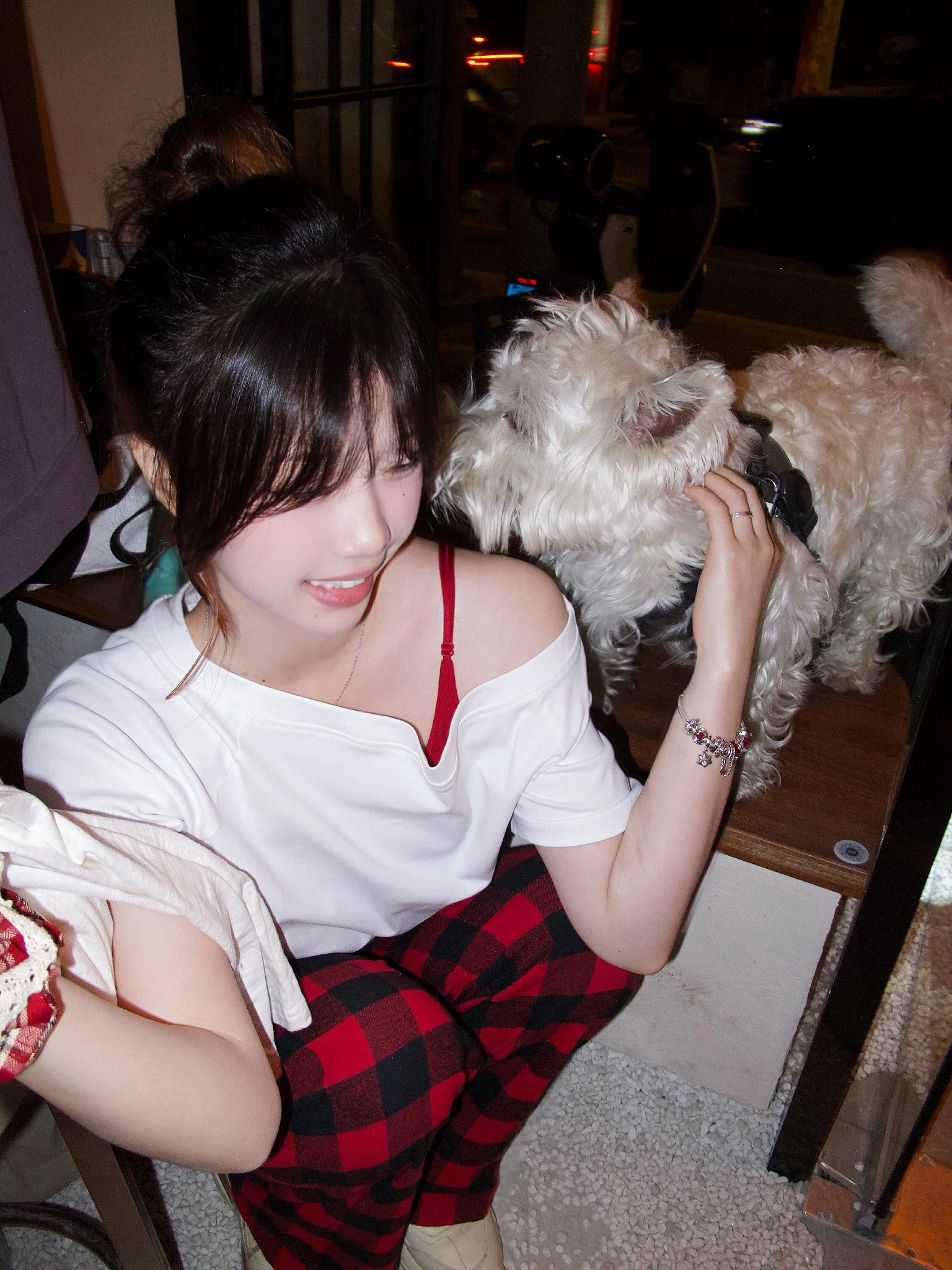 一位穿着白色衬衫和红色裤子的女人正在打一只白色狗。