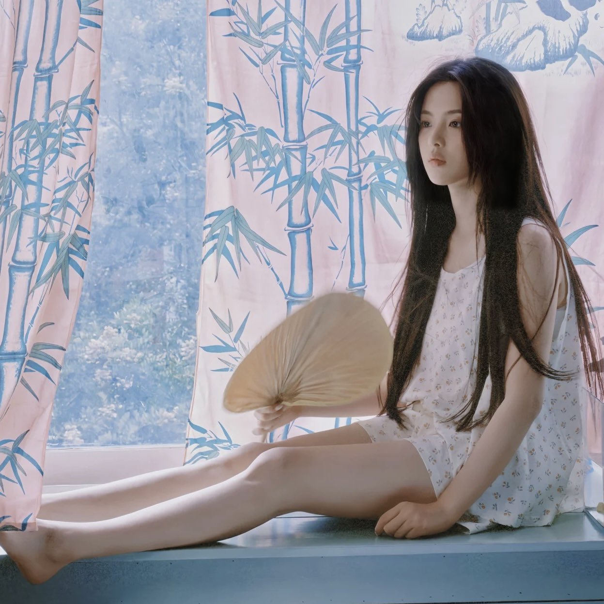 坐在窗口的女人抱着一个粉丝。