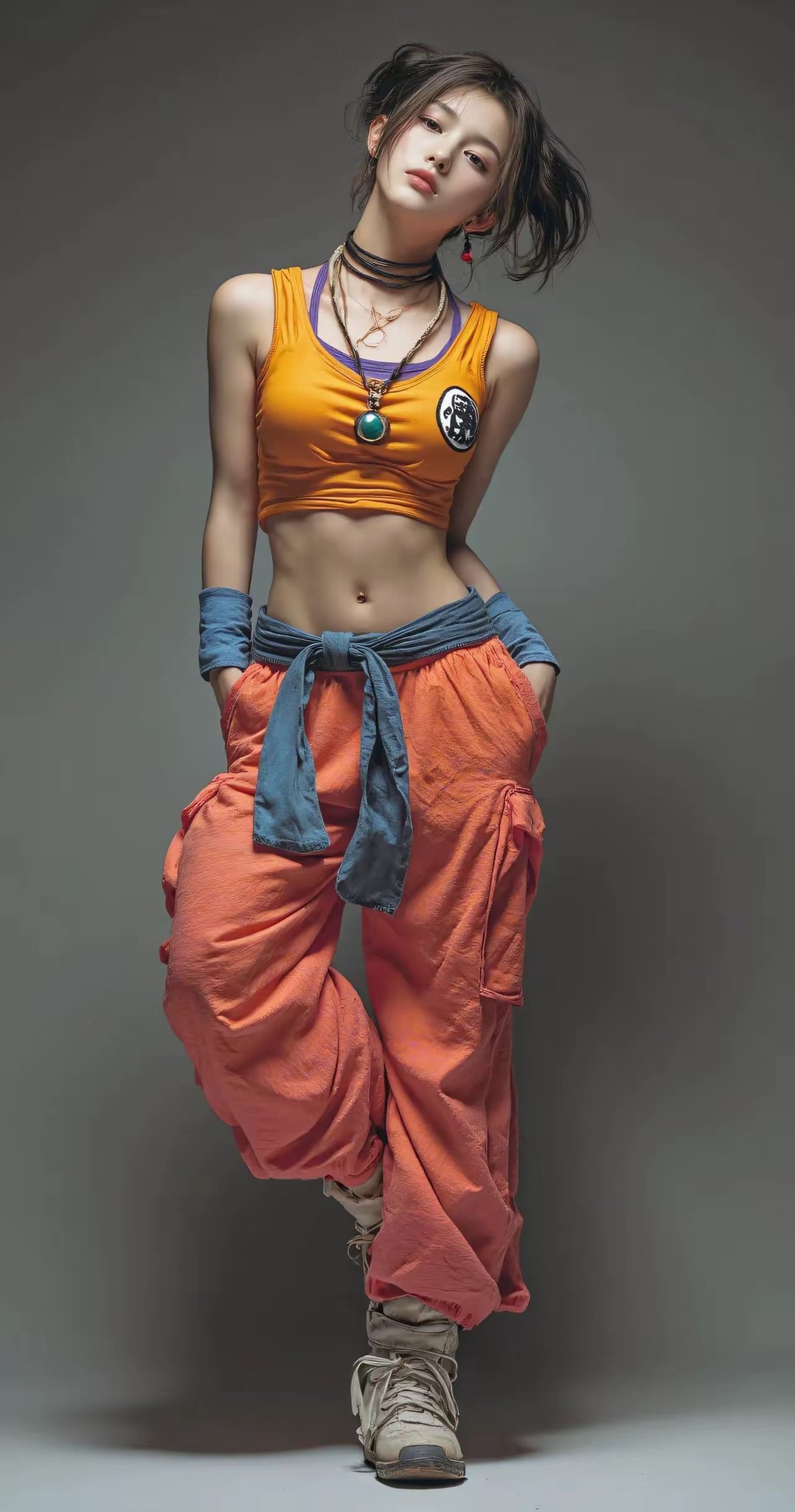 女人穿着蓝色和橙色的衬衫和橙色裤子。