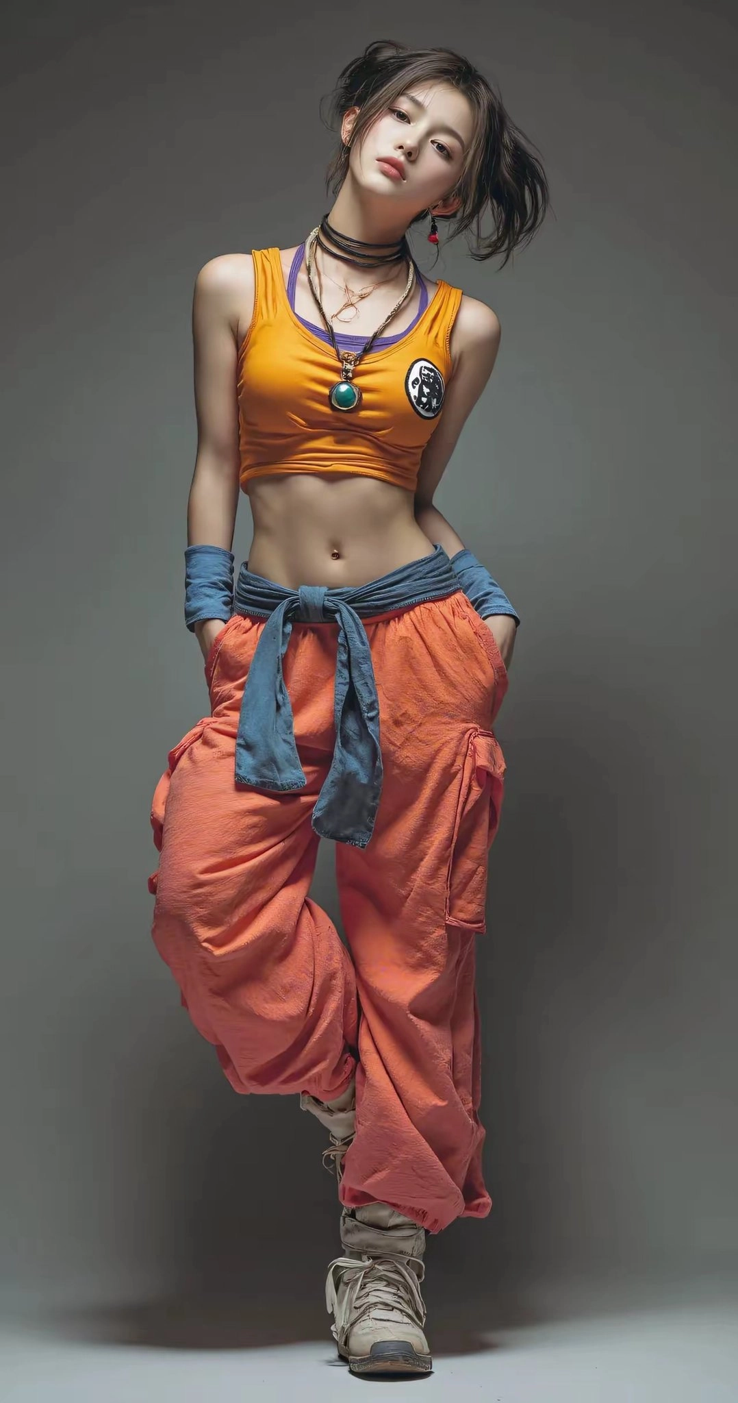 女人穿着蓝色和橙色的衬衫和橙色裤子。