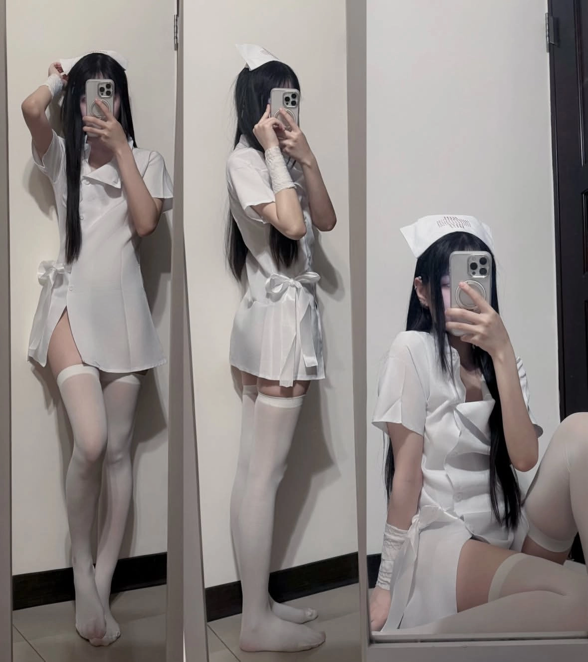 女人在一个白色的护士服装拍自拍。