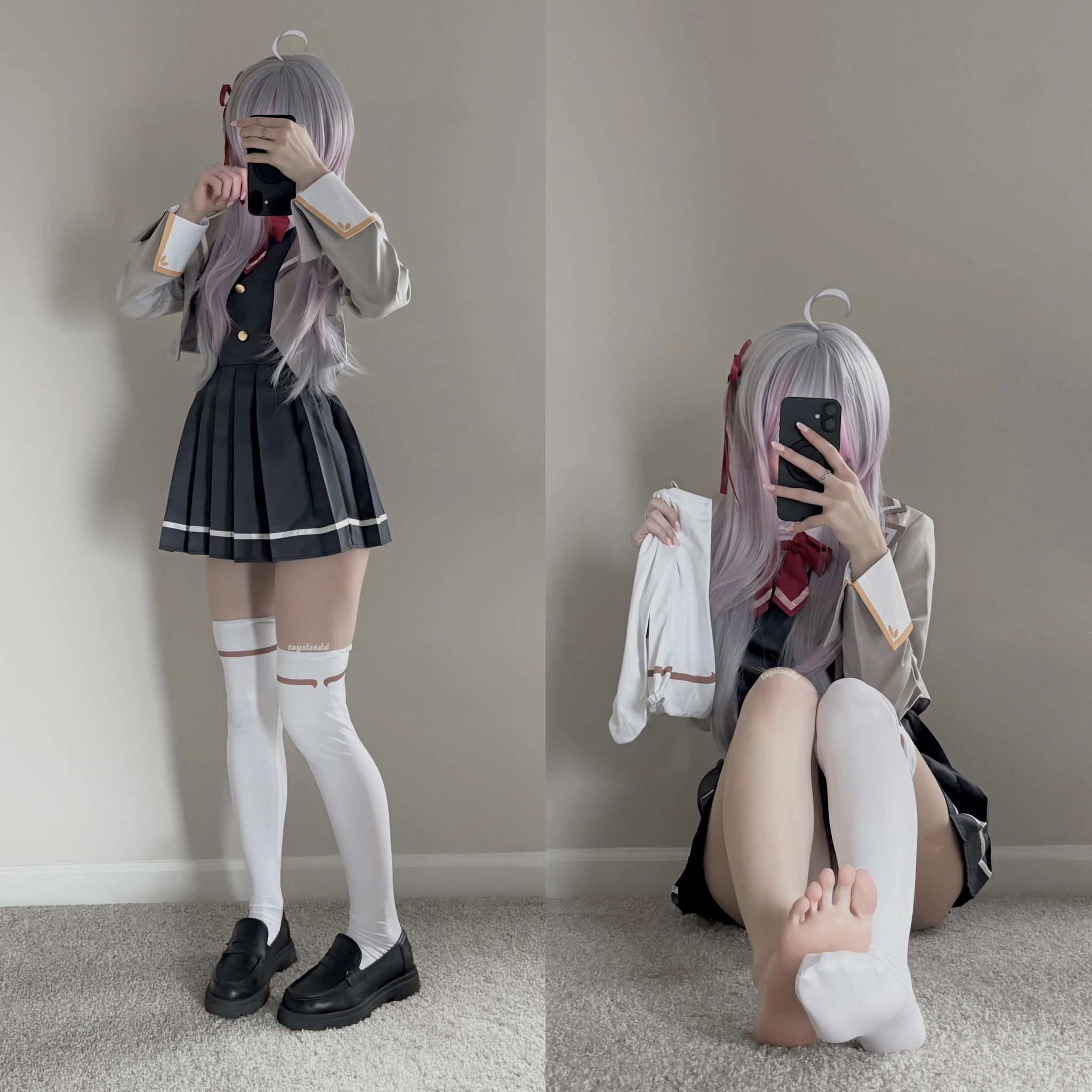 女人在两种不同的姿势中拍自拍。