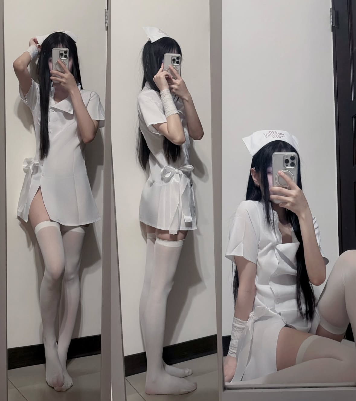 女人在一个白色的护士服装拍自拍。