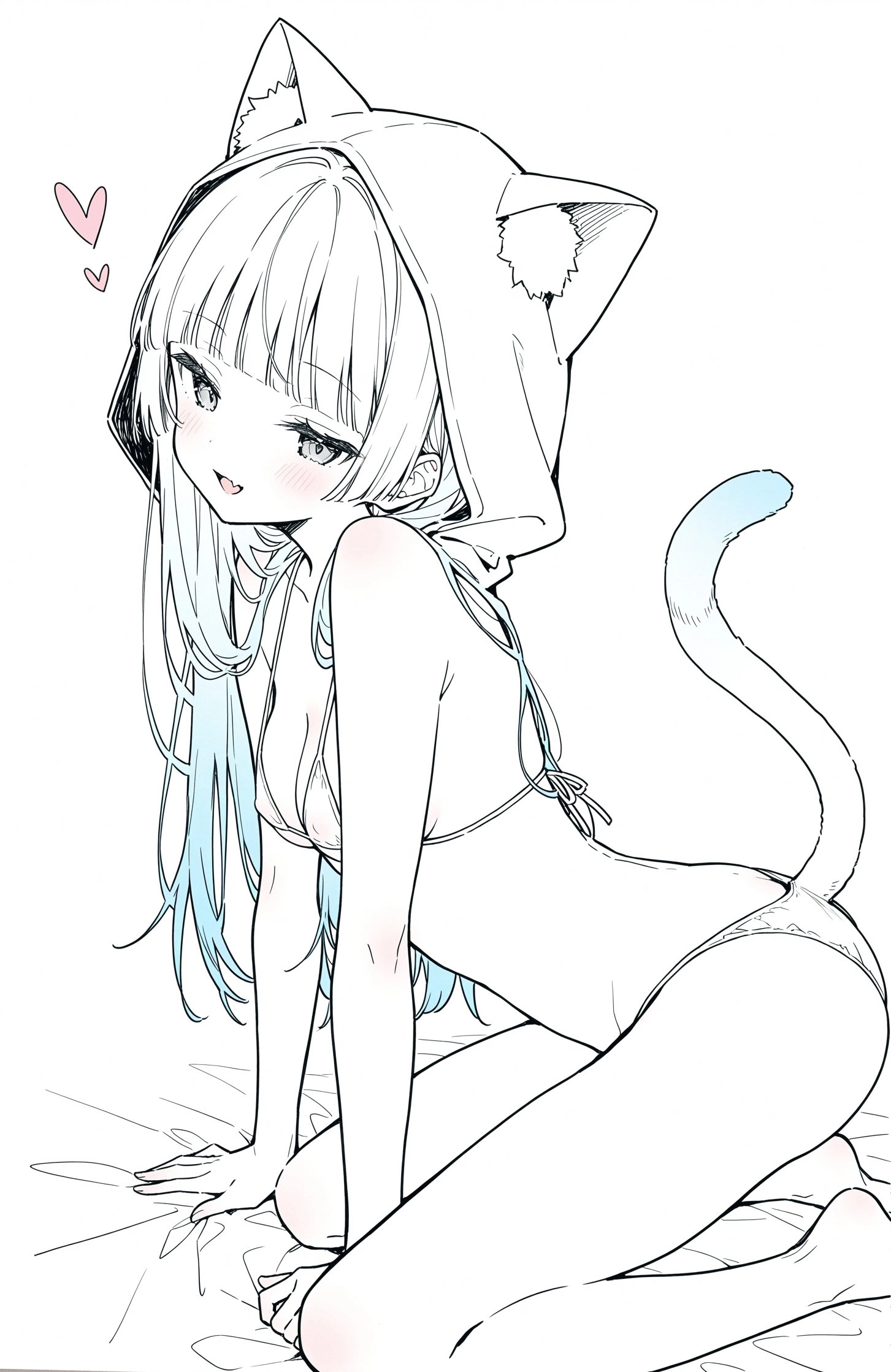 穿比基尼的女人,头上有一只猫。