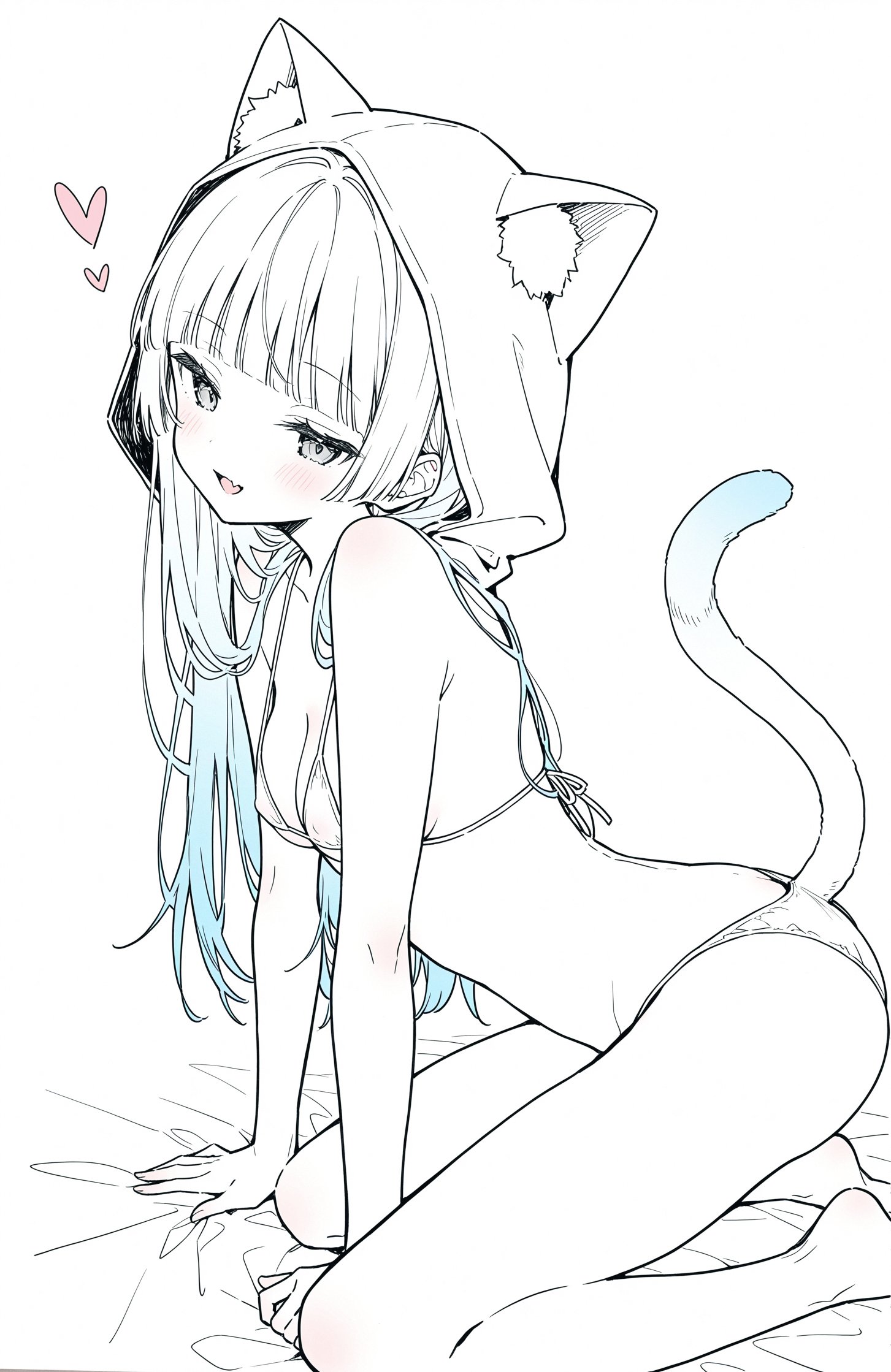 穿比基尼的女人,头上有一只猫。