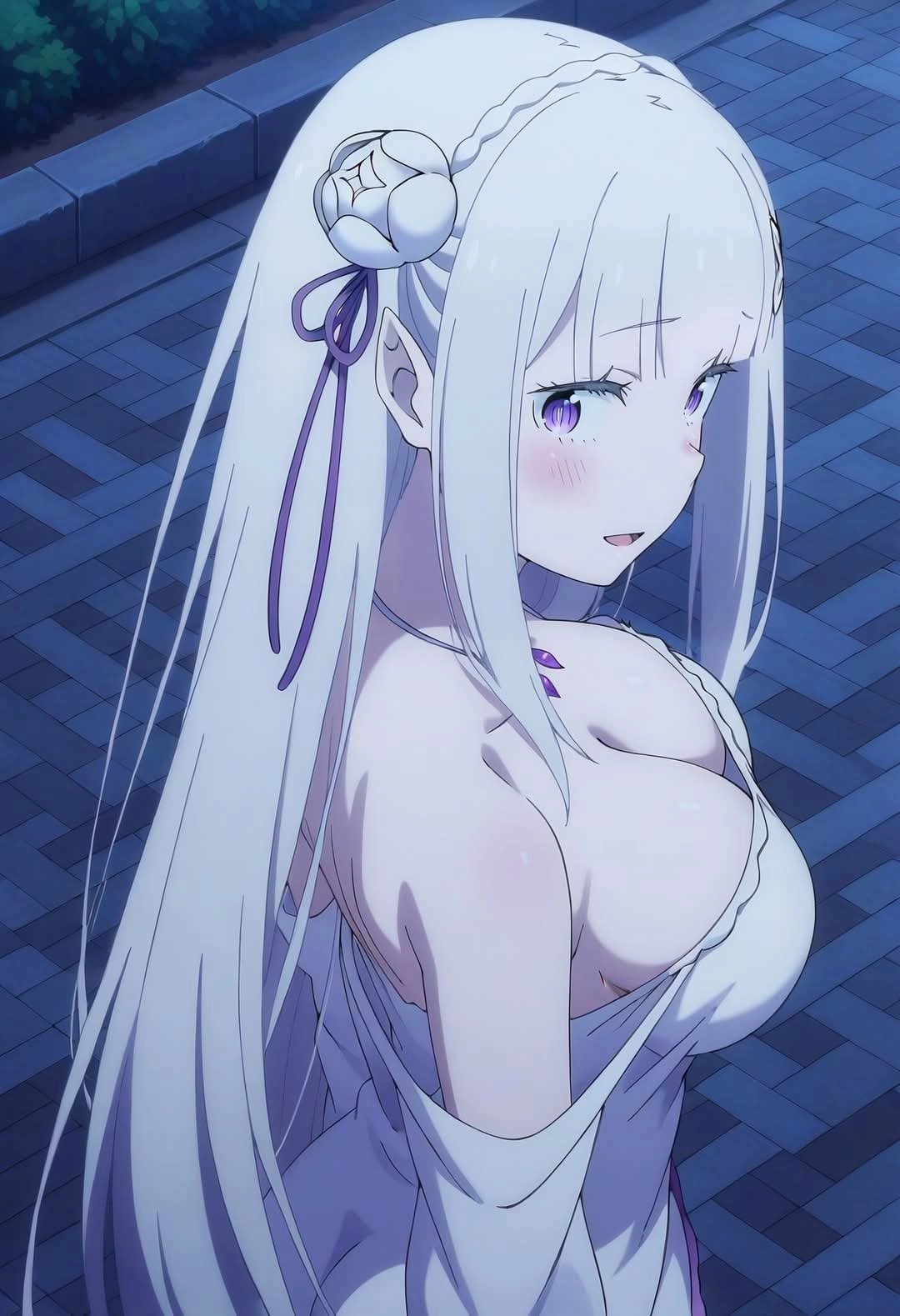 白头发和紫色弓的女人。