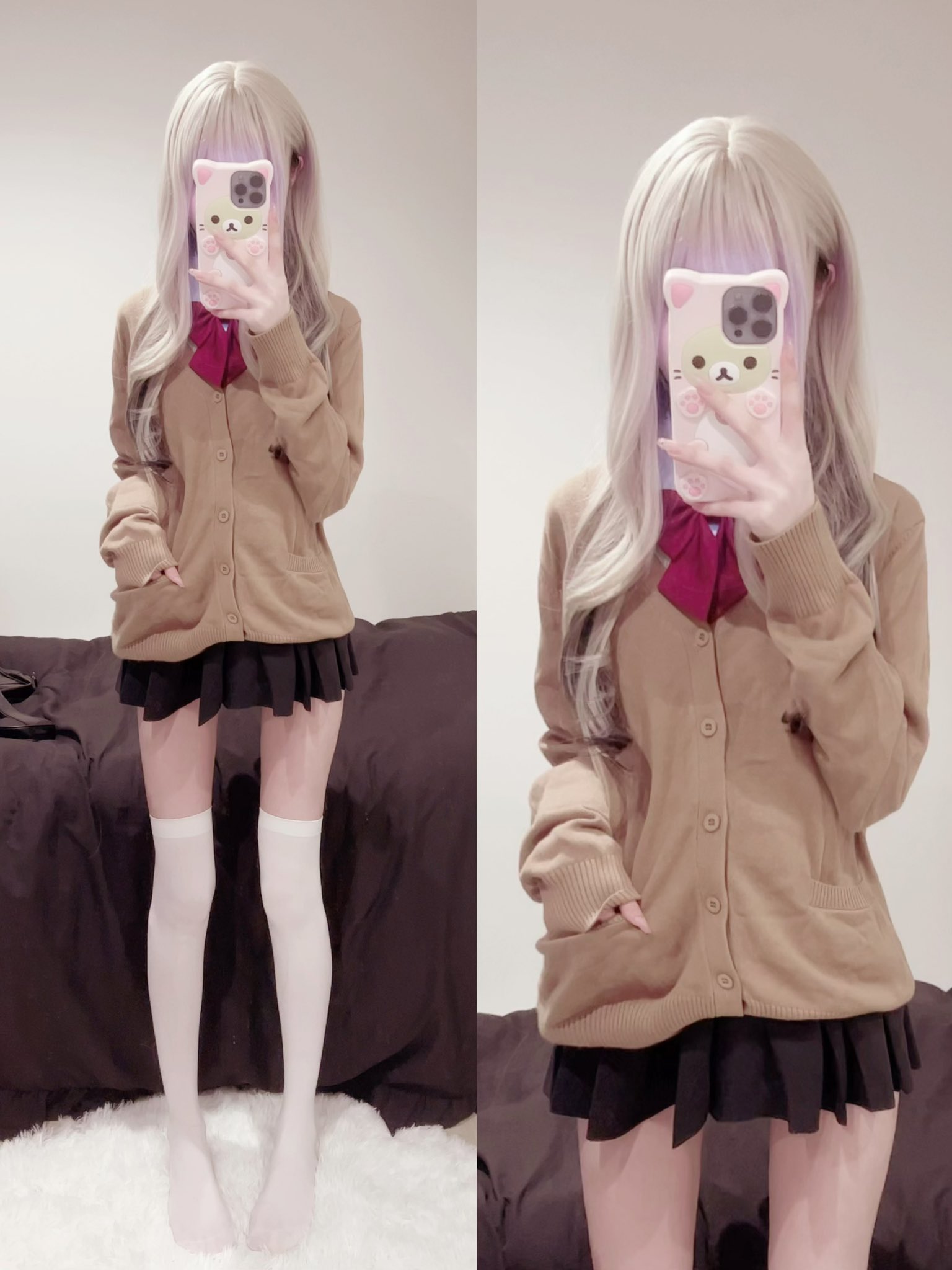 女孩用粉红色的Hello Kitty手机盒拍自拍。