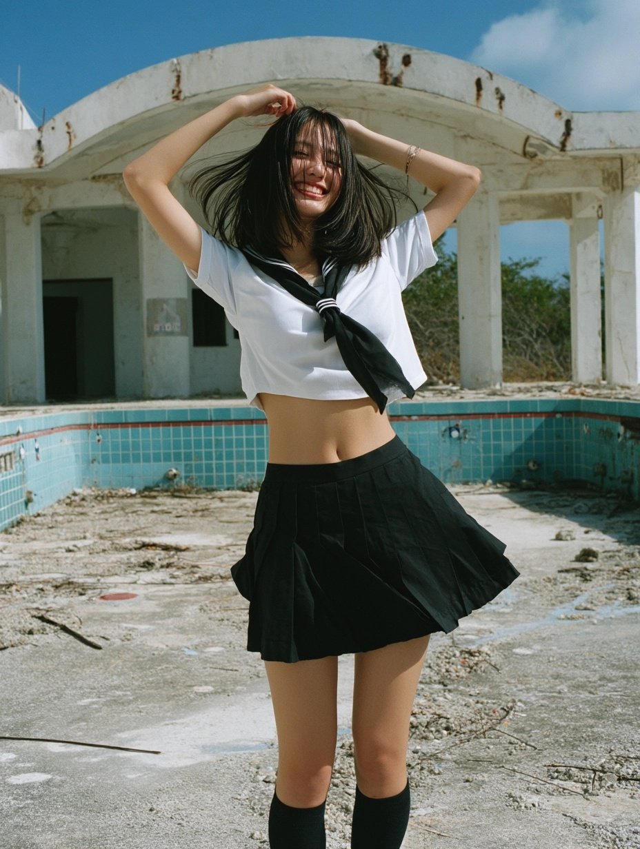 穿着黑色裙子和白色衬衫的女人为一张照片。