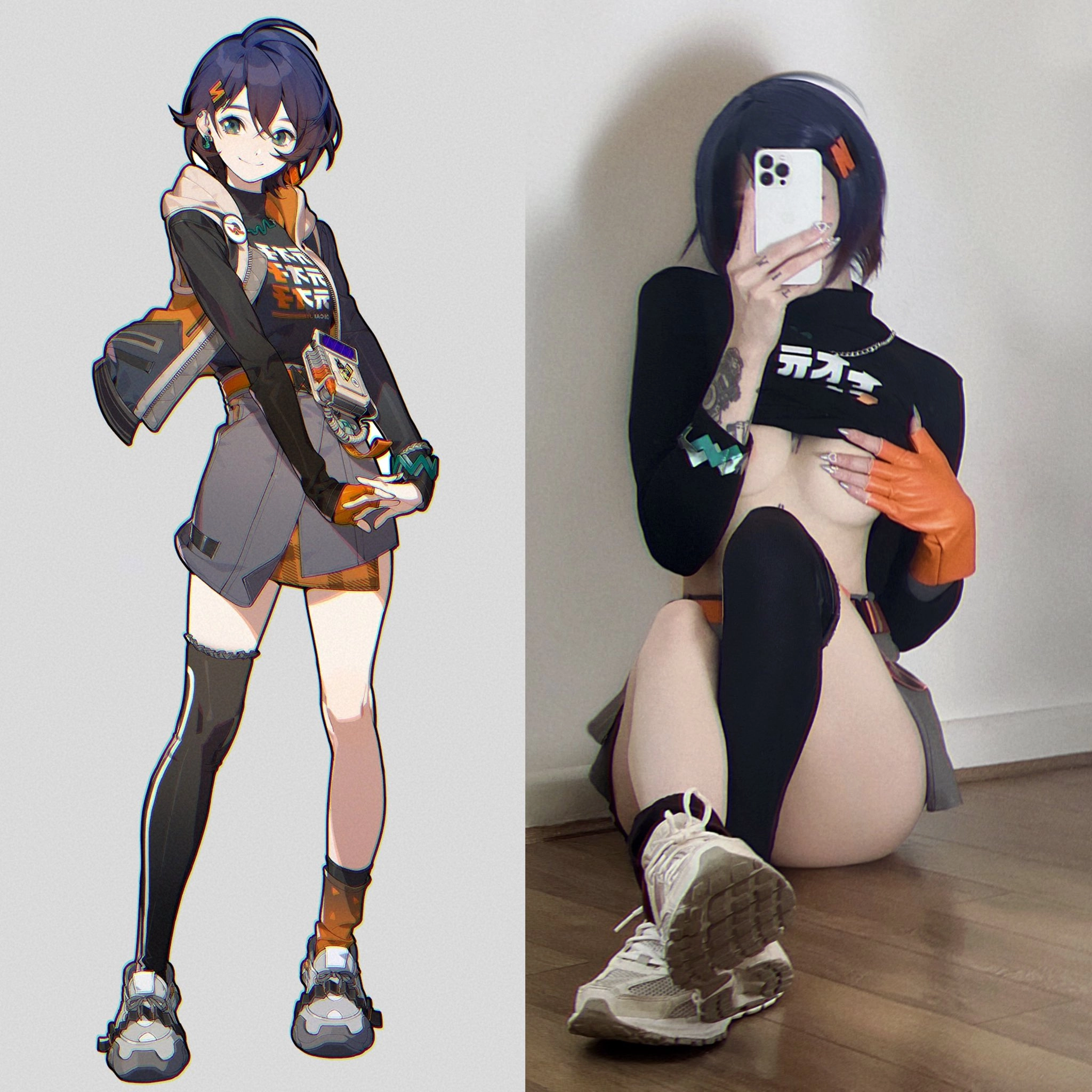 女人在卡通前拍自拍。