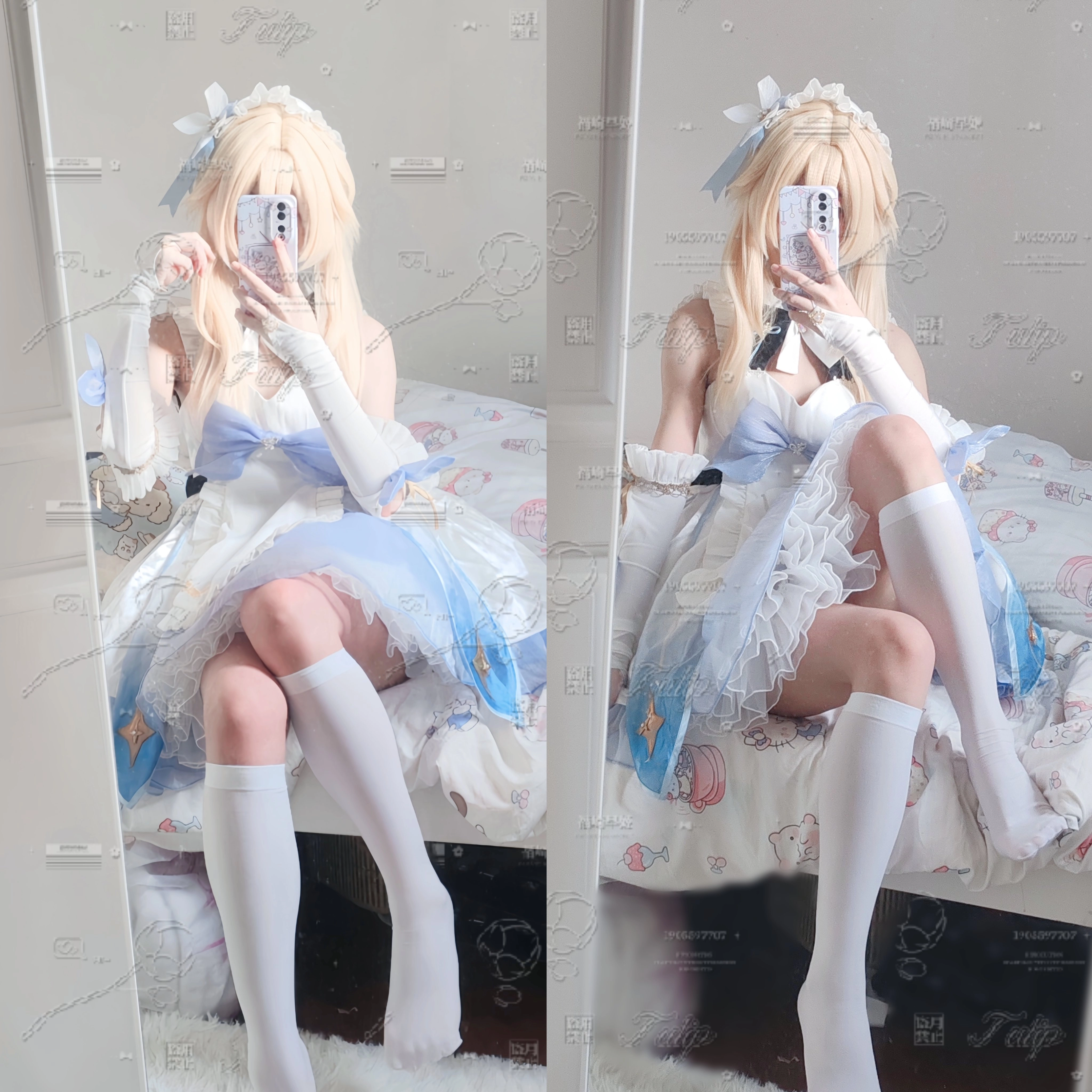 女人穿着白色裙子拍自拍。