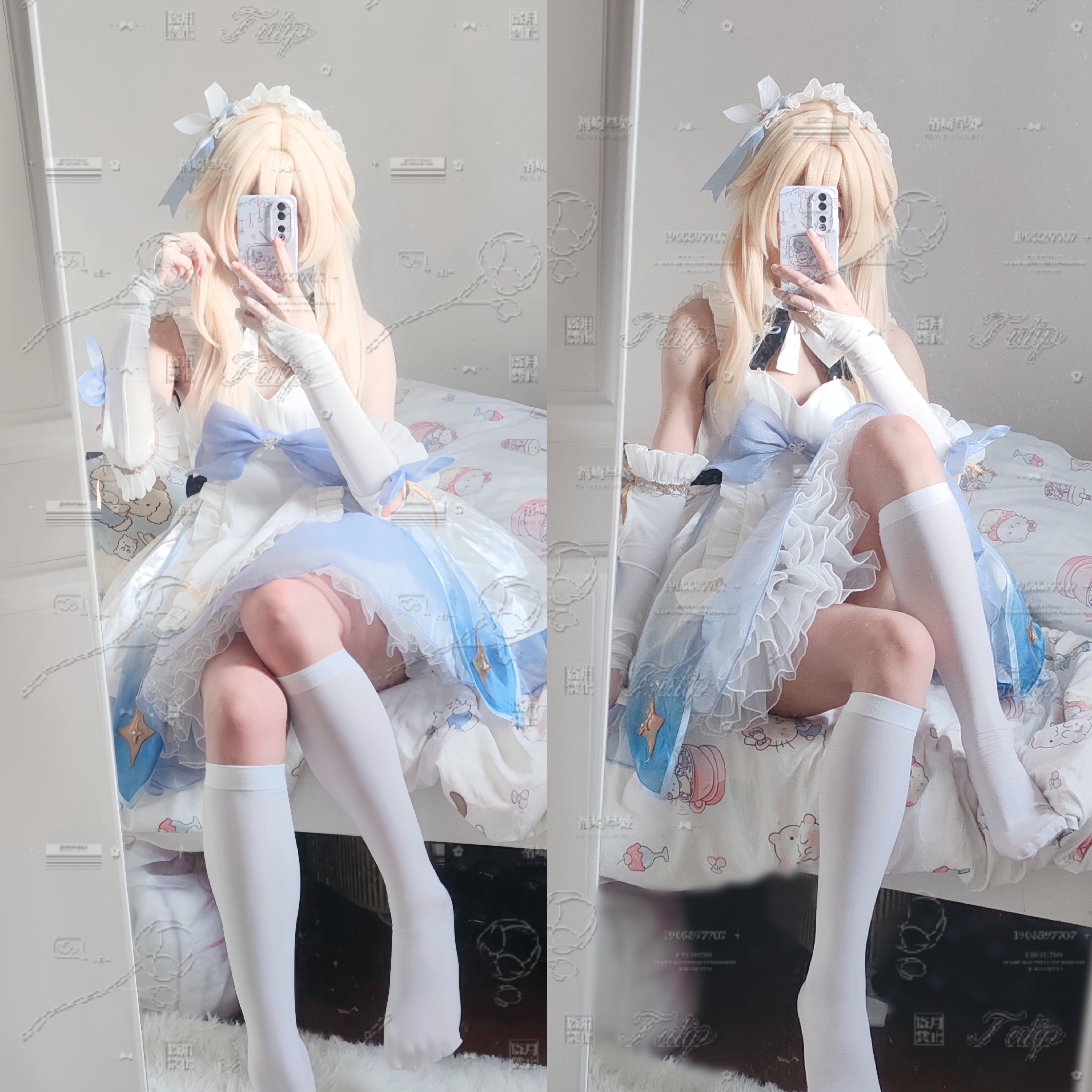 女人穿着白色裙子拍自拍。