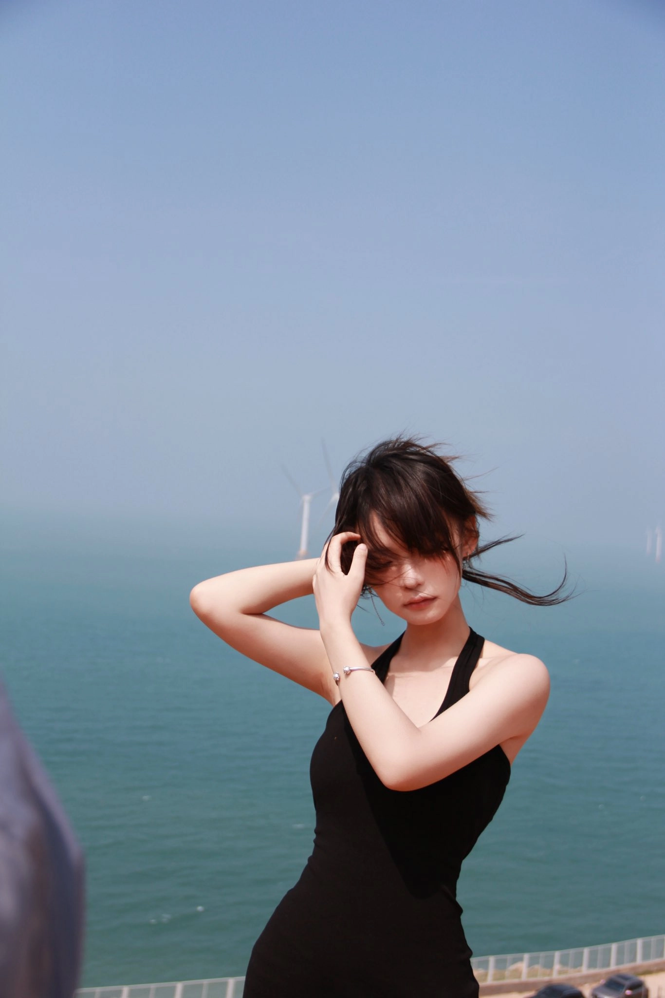 一位黑头发和黑裙子的女人站在一座俯瞰大海的磐石上。