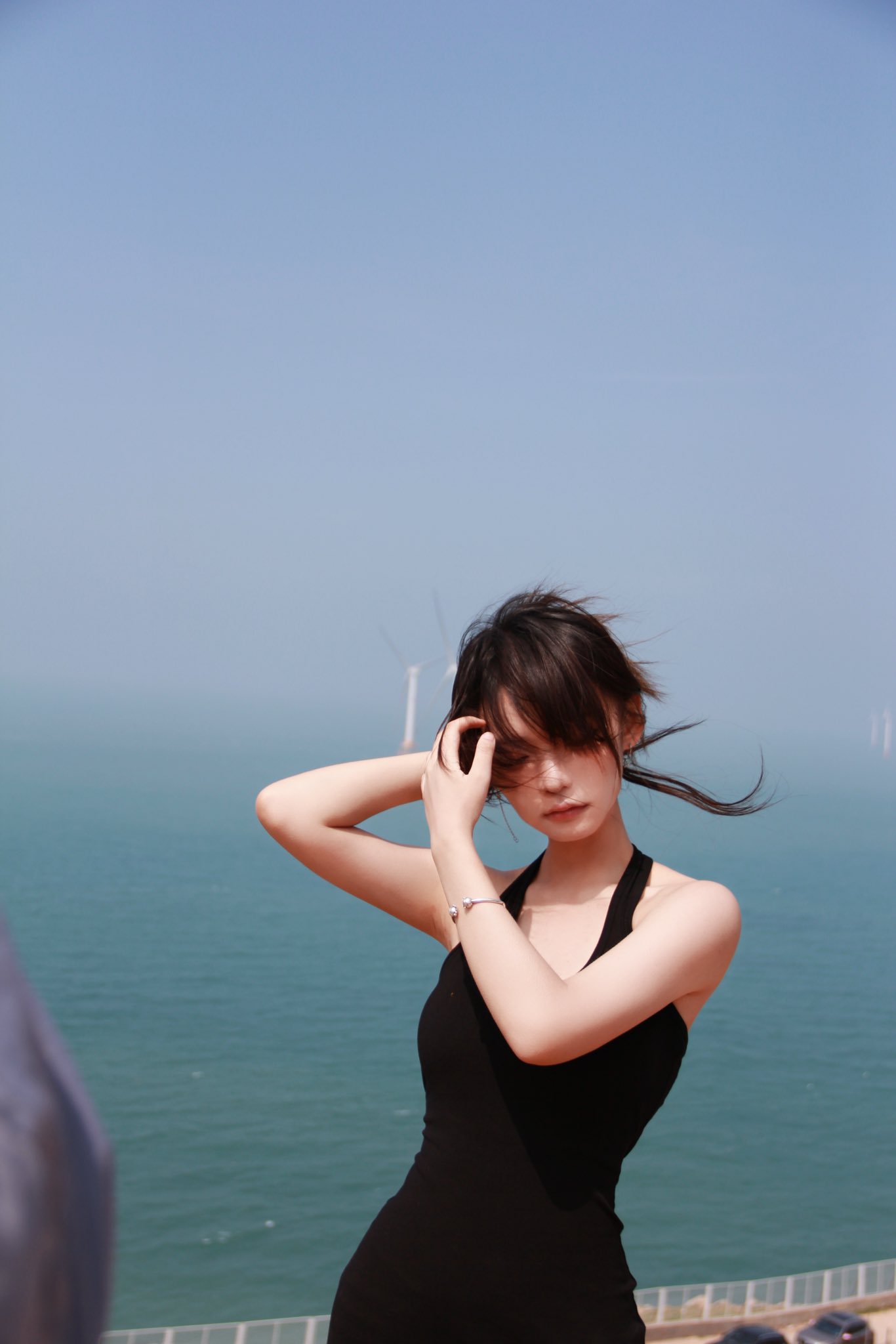 一位黑头发和黑裙子的女人站在一座俯瞰大海的磐石上。