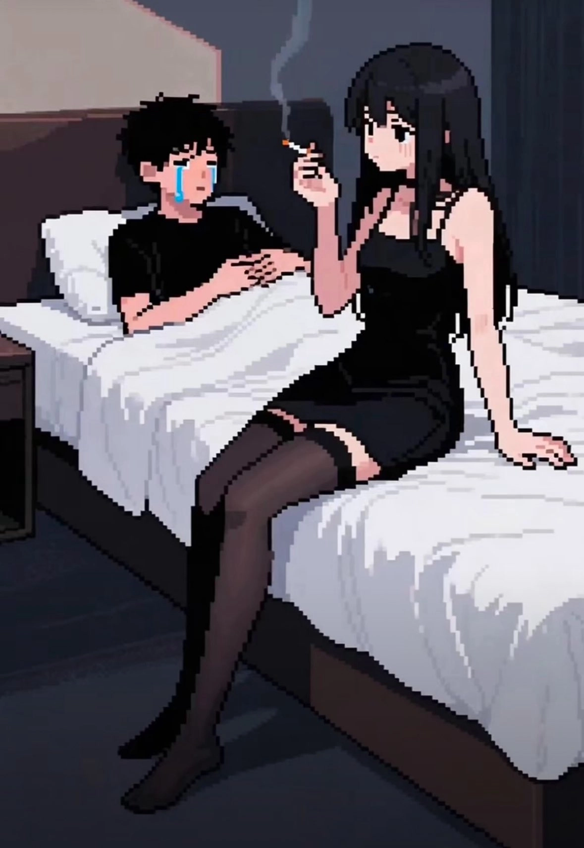 男人和一个女人坐在床上,一个女人抽烟。