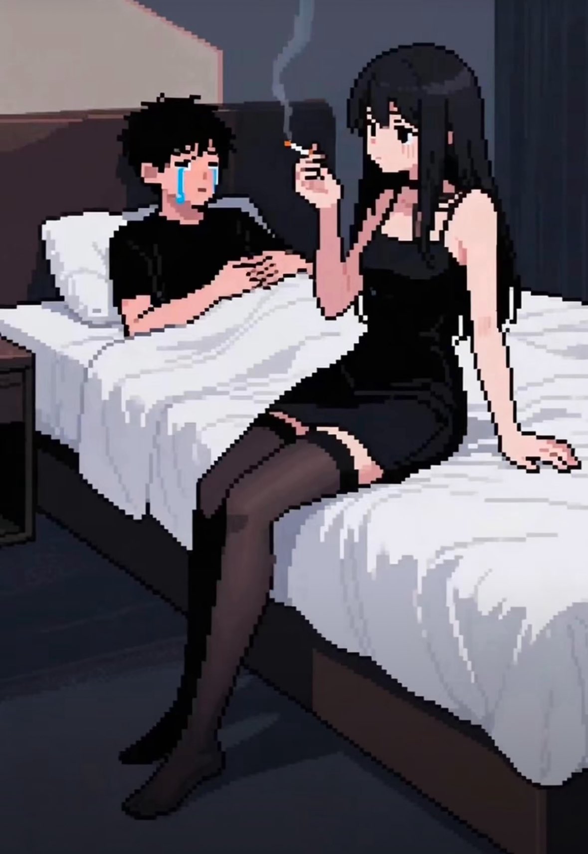 男人和一个女人坐在床上,一个女人抽烟。