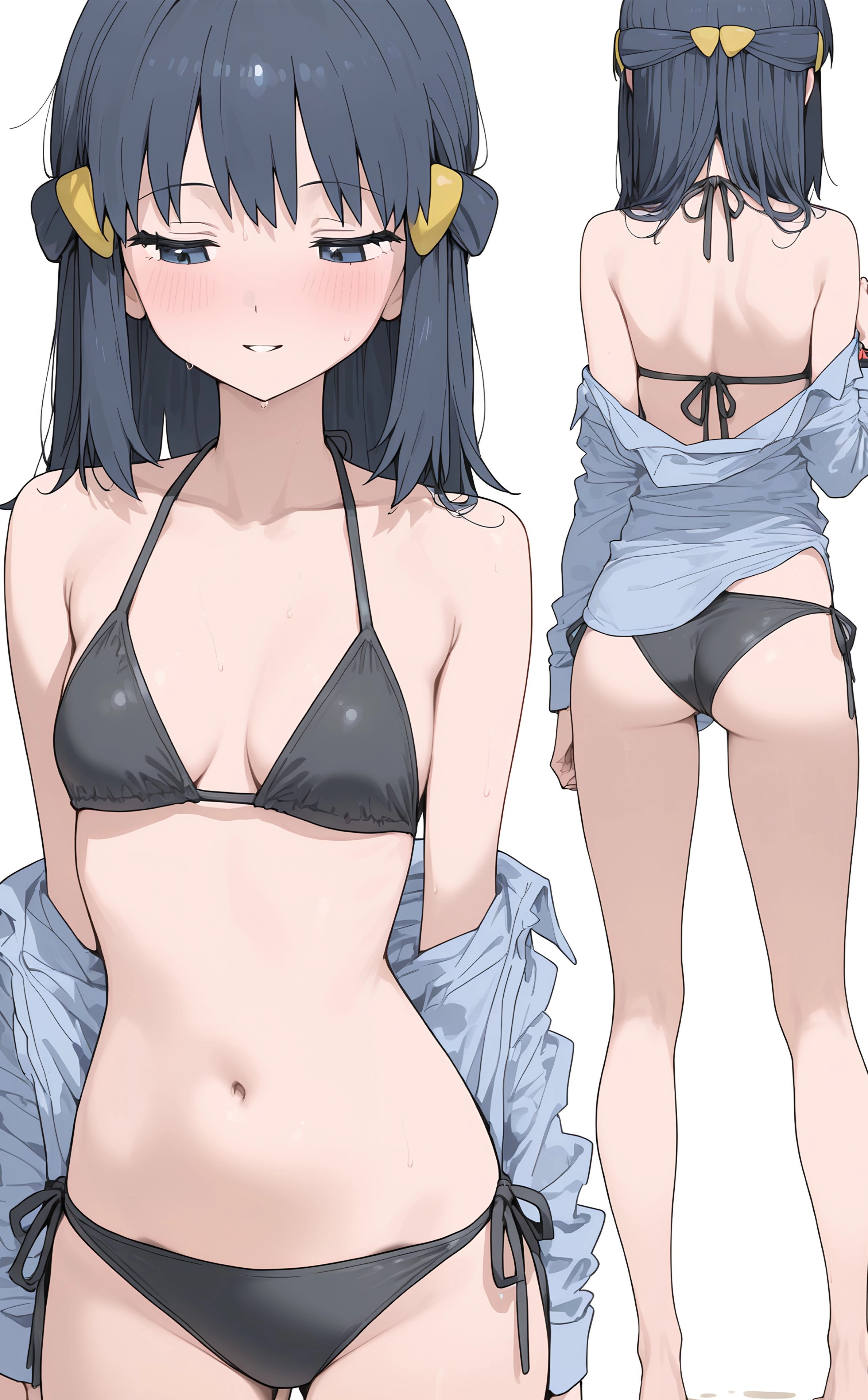 女人穿着比基尼顶和蓝色衬衫。