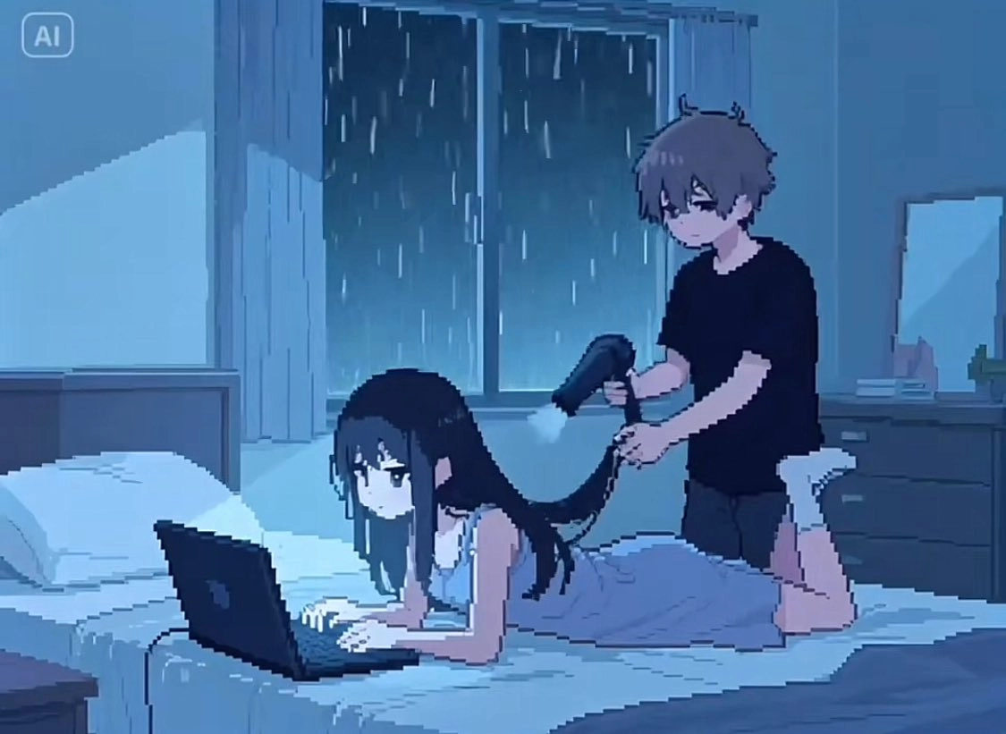 一名男子在她使用笔记本电脑时擦干女人的头发。