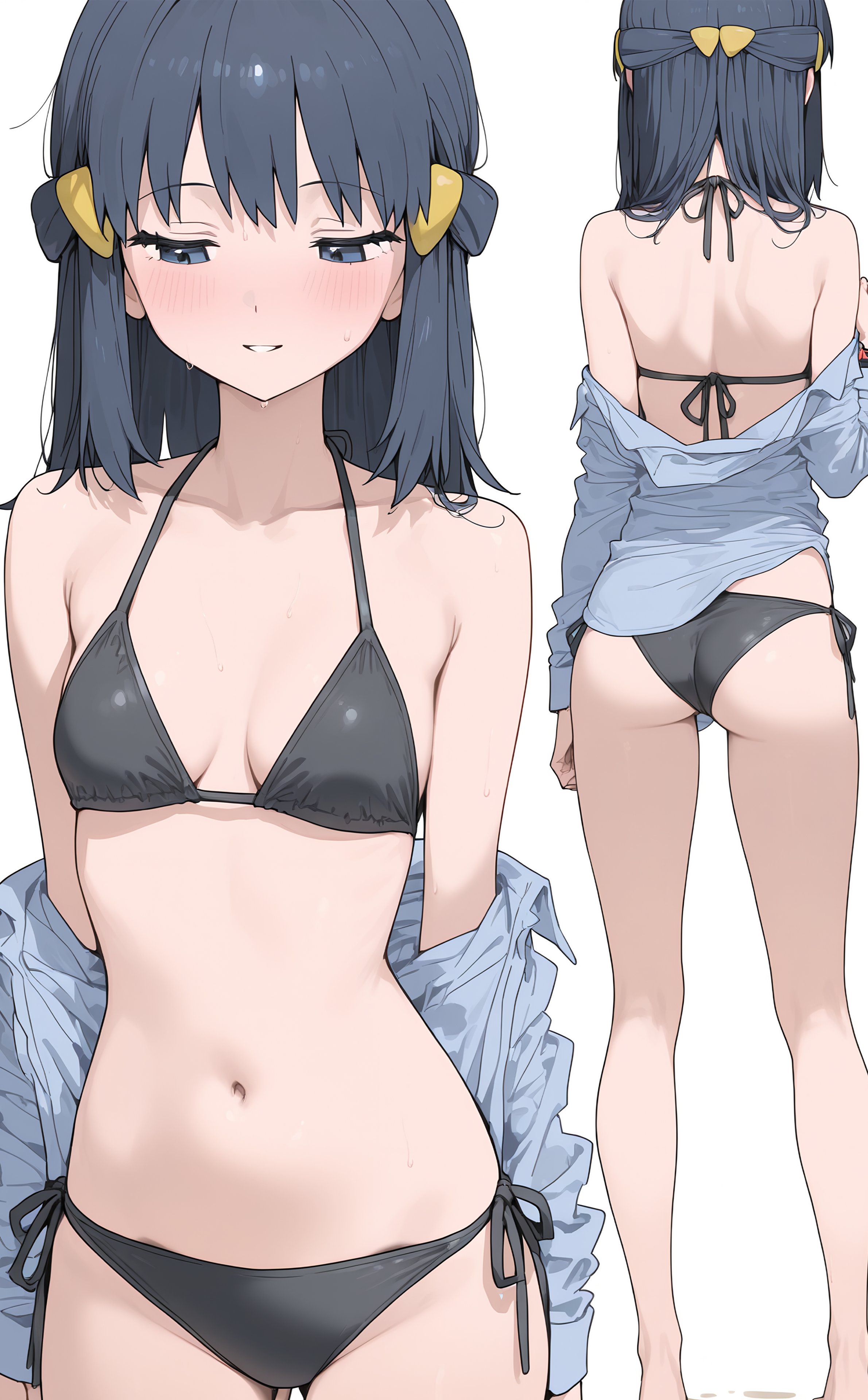 女人穿着比基尼顶和蓝色衬衫。