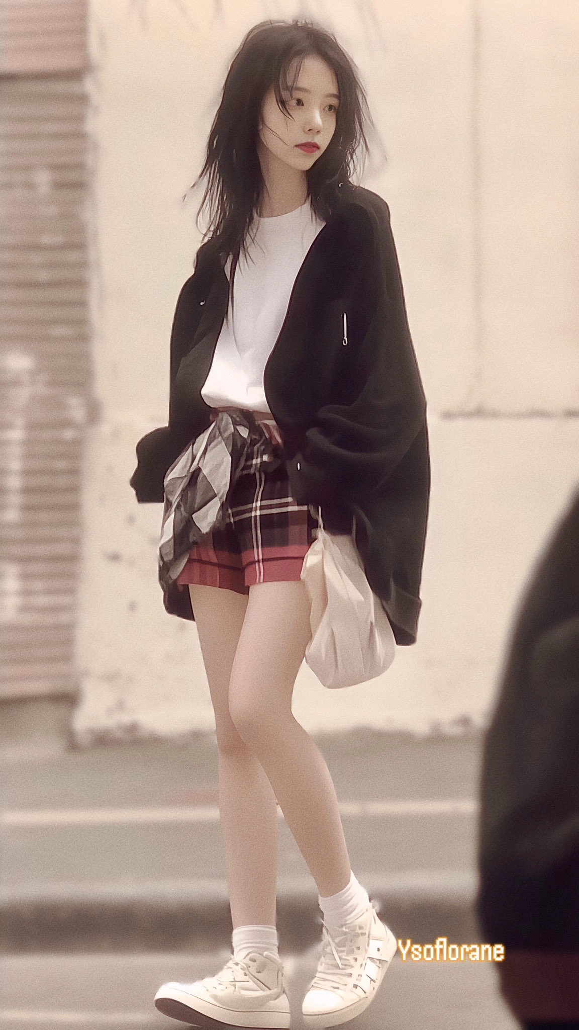 女人穿着一件黑色夹克和一件白色的衬衫。