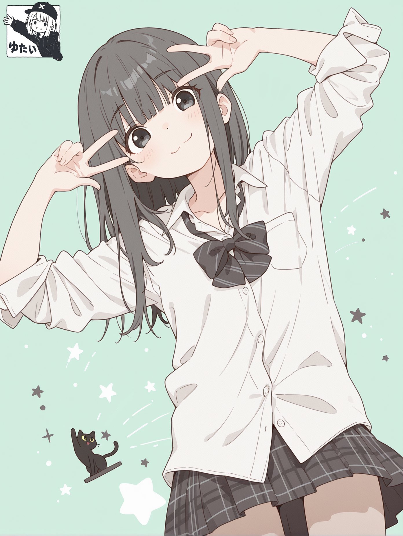 背后有黑猫的女孩。