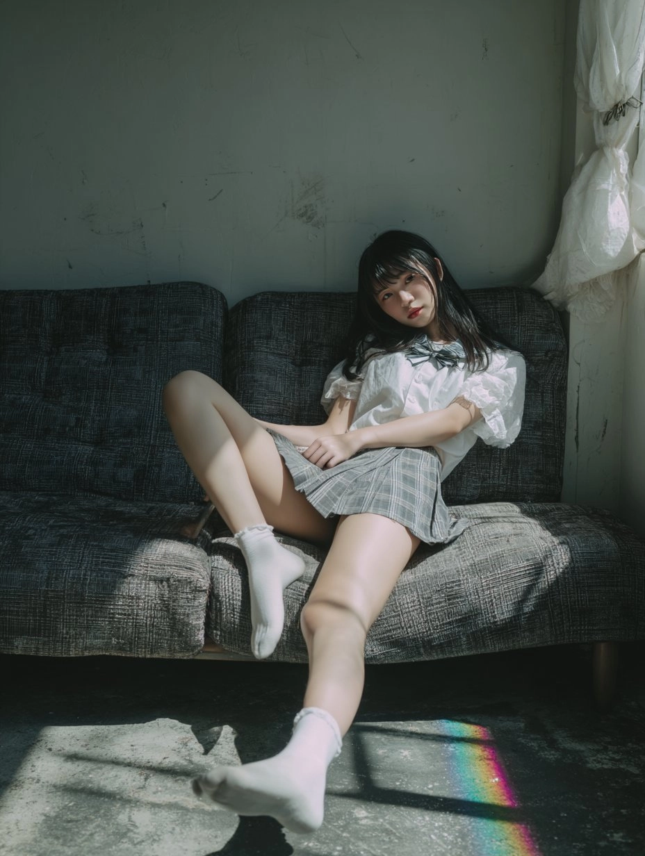 穿着白色衬衫的女孩坐在沙发上。