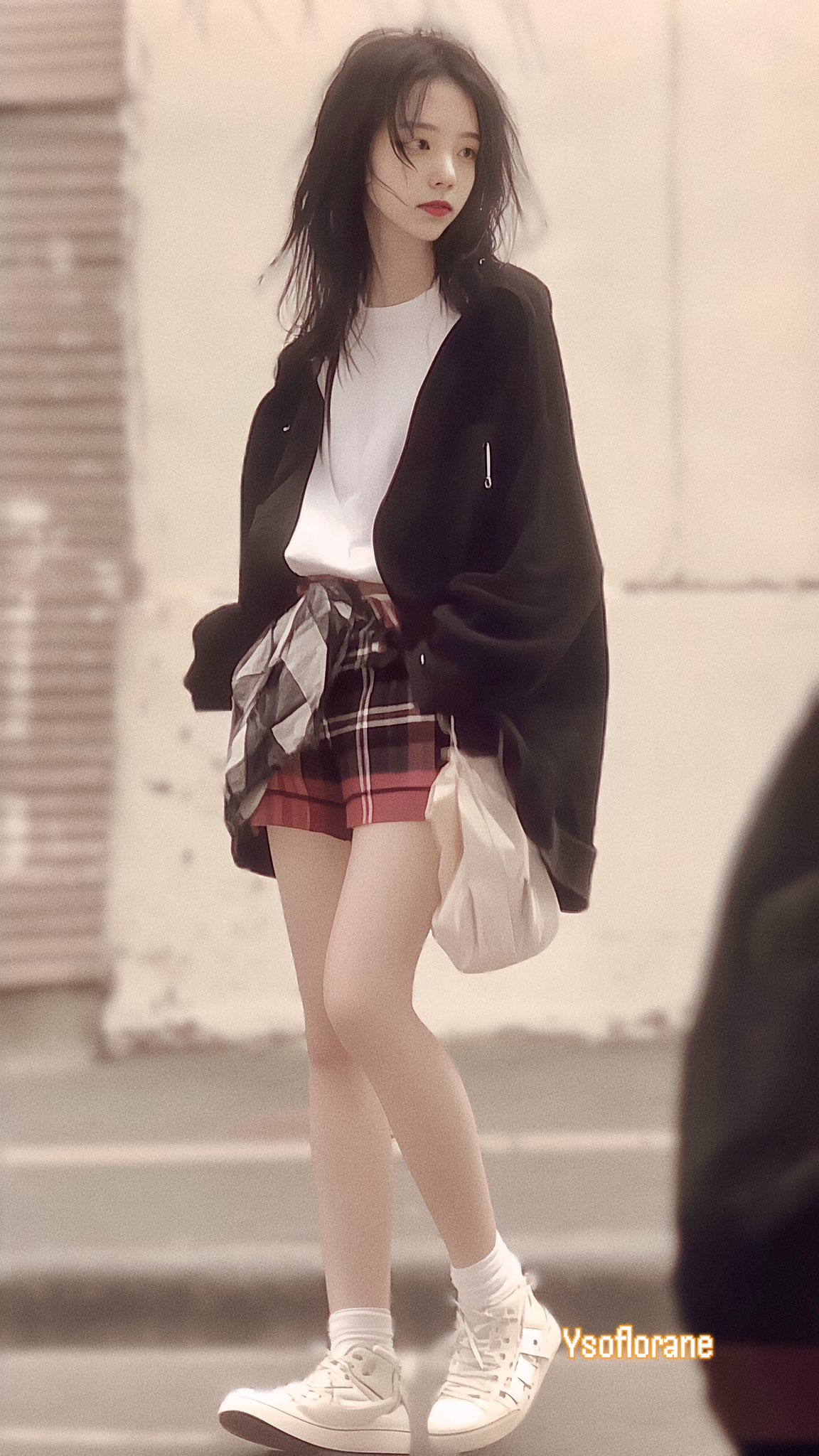 女人穿着一件黑色夹克和一件白色的衬衫。