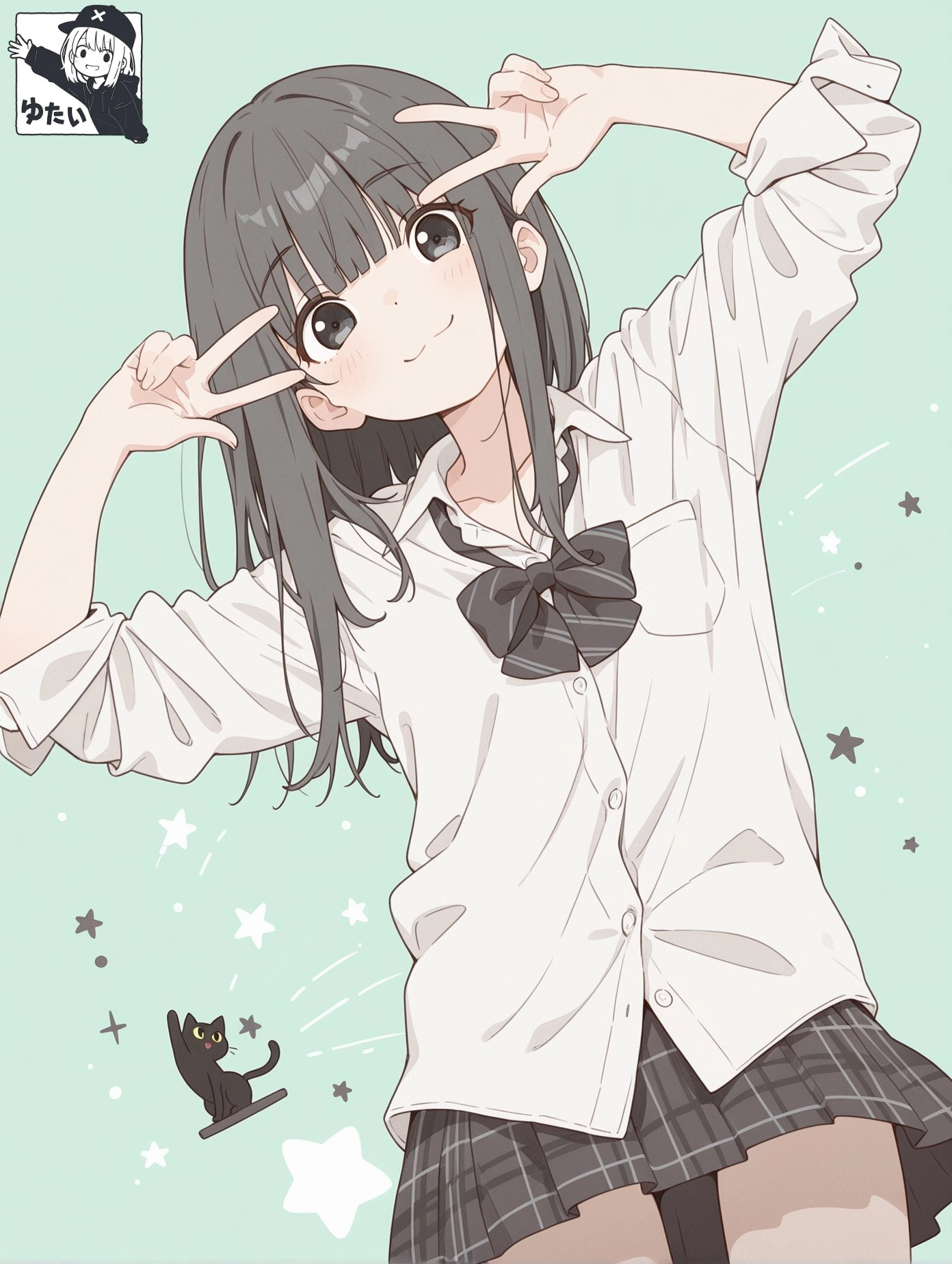 背后有黑猫的女孩。